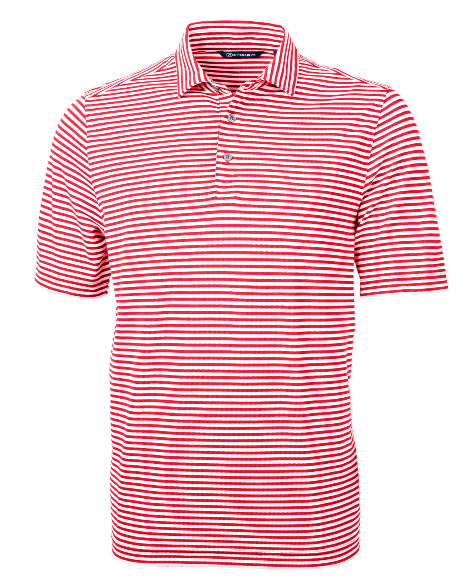 A red and white striped polo shirt with a collar and three buttons, featuring a logo.