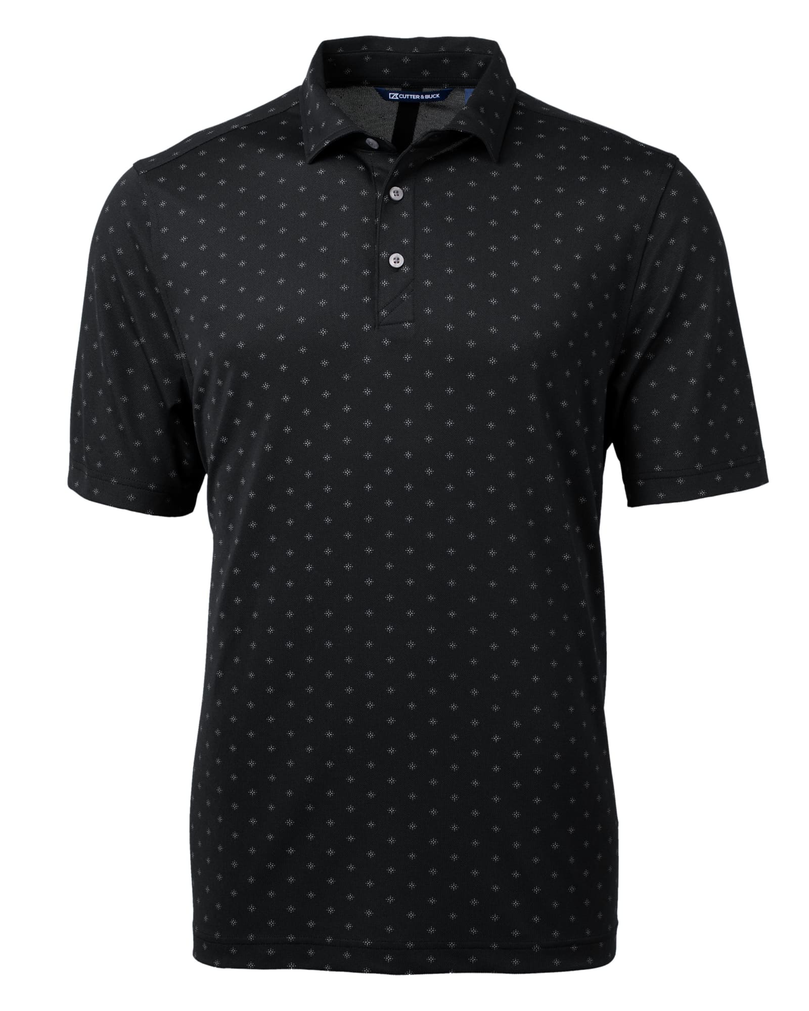 A black polo shirt featuring a tile print design, with a collar and three-button placket. It has a logo on the chest.
