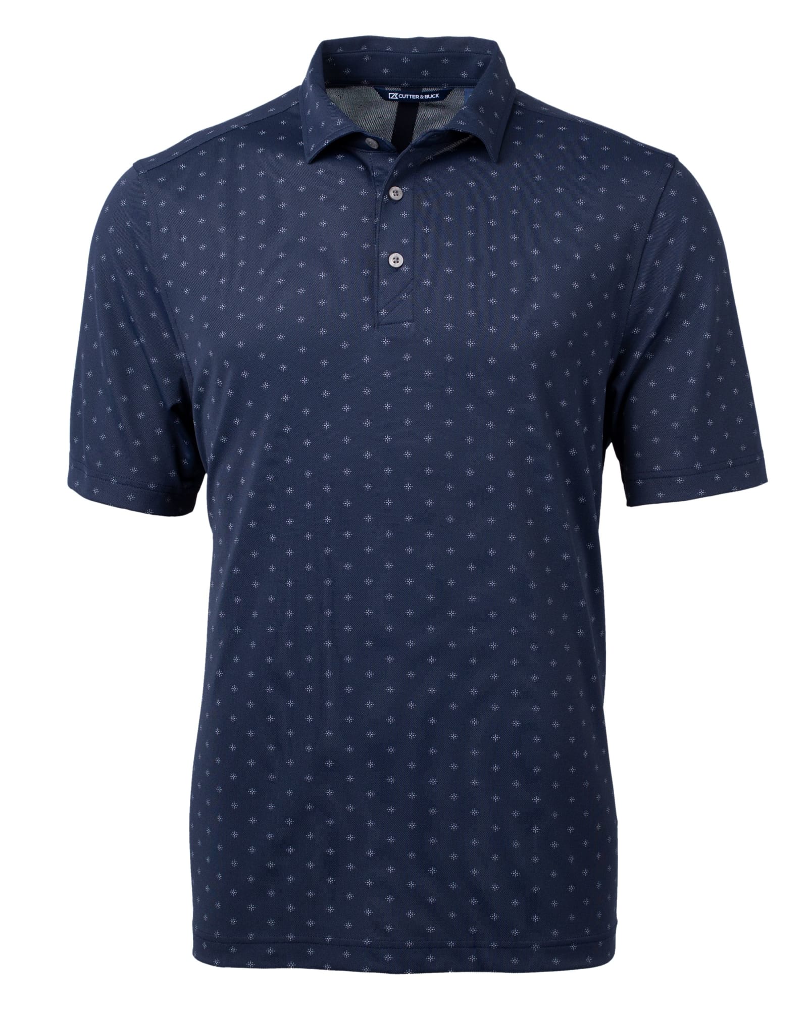 A navy blue polo shirt featuring a tile print pattern and a collar, with three buttons and a logo.
