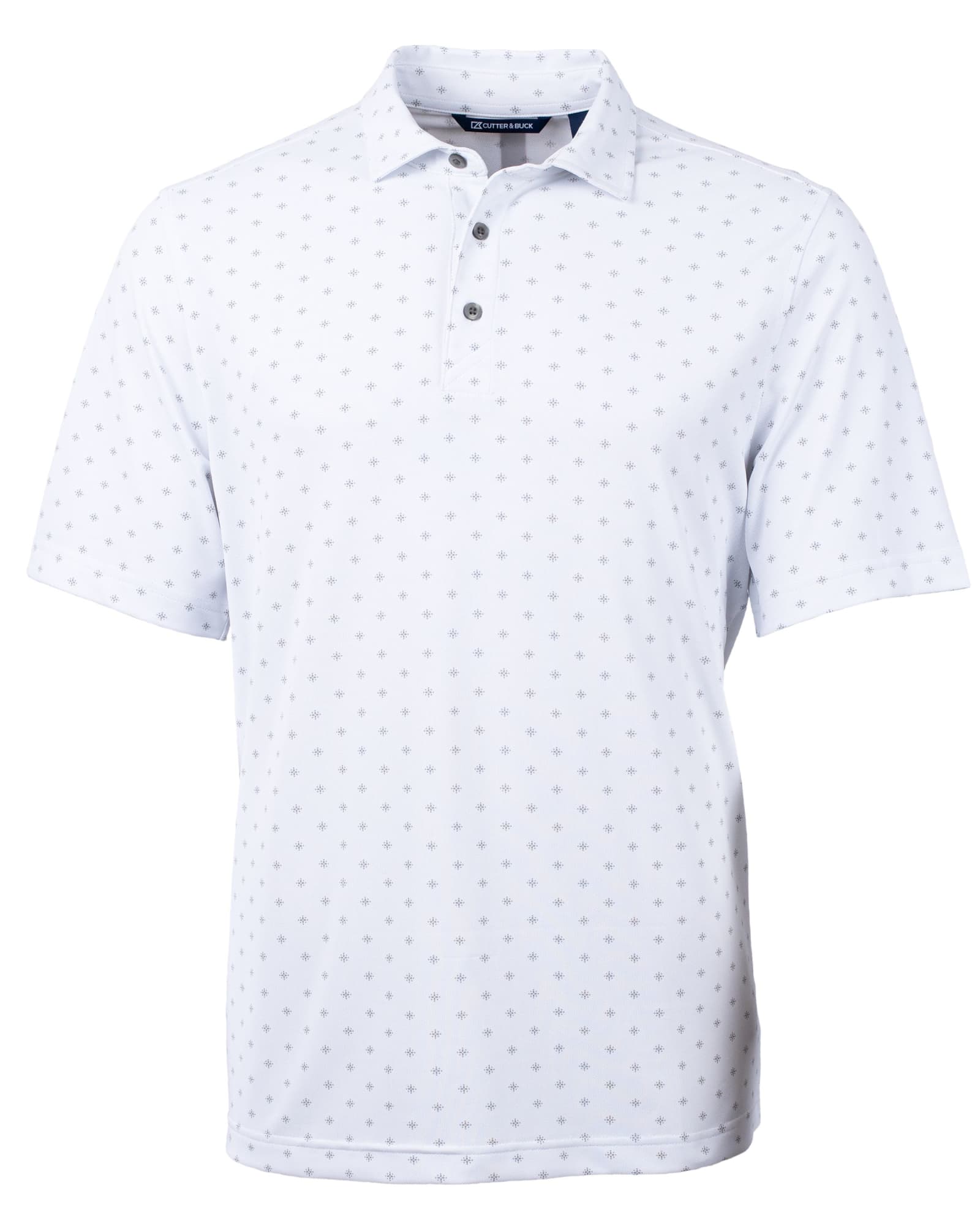 A white polo shirt featuring a tile print design and a collar, with a logo on the chest.