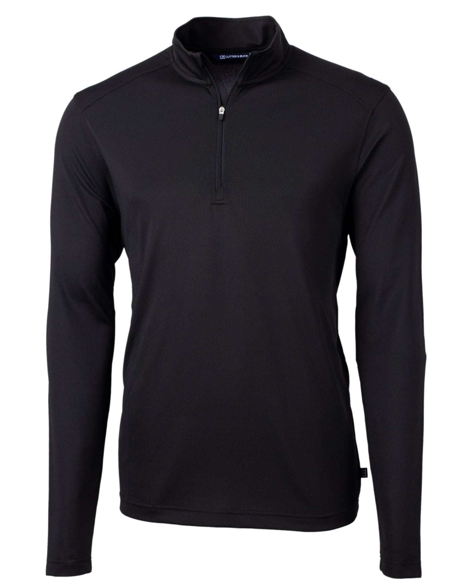A black half-zip jacket with long sleeves, featuring a logo and a smooth, eco-friendly fabric.