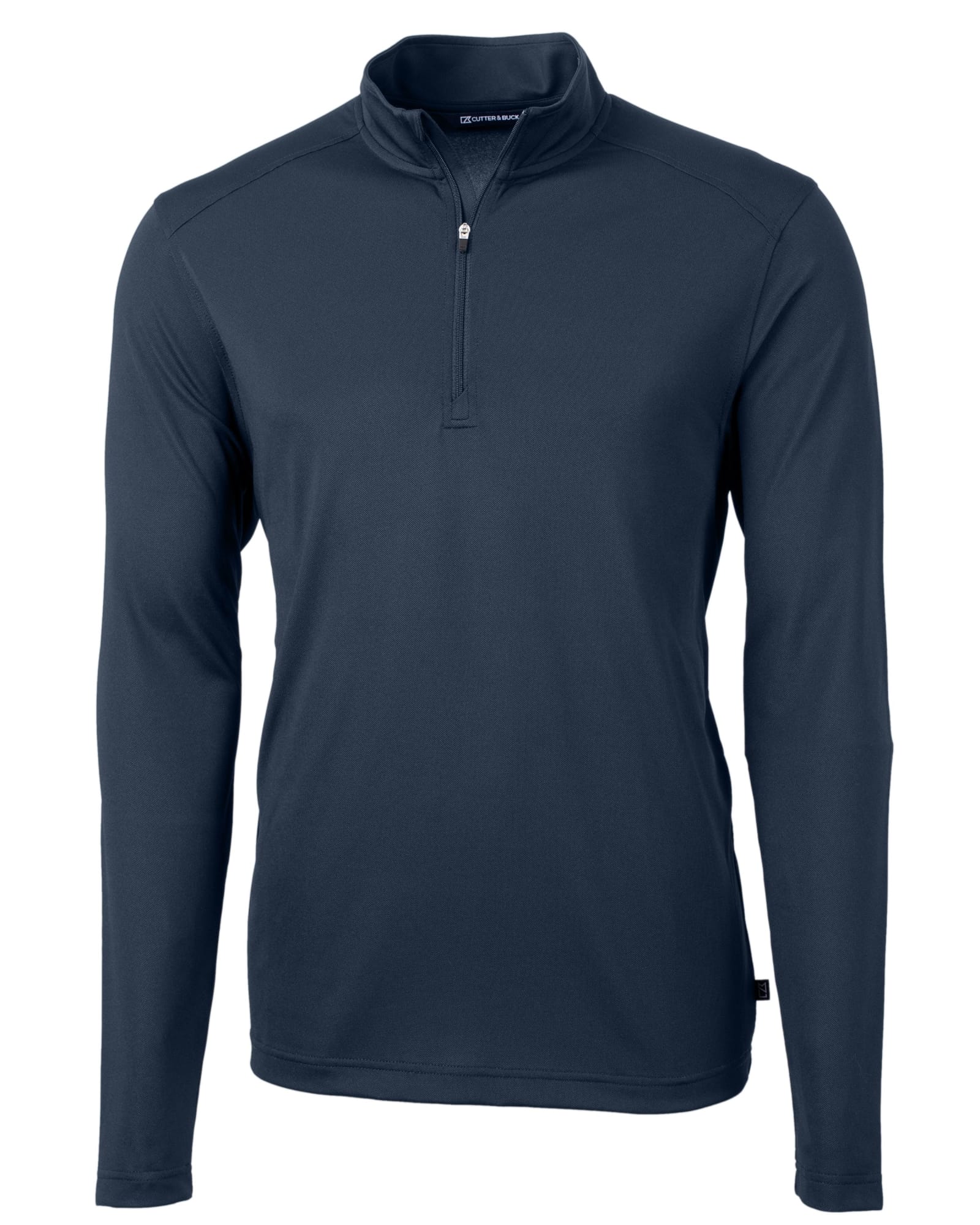 A half-zip jacket in navy blue with long sleeves and a subtle branded logo.