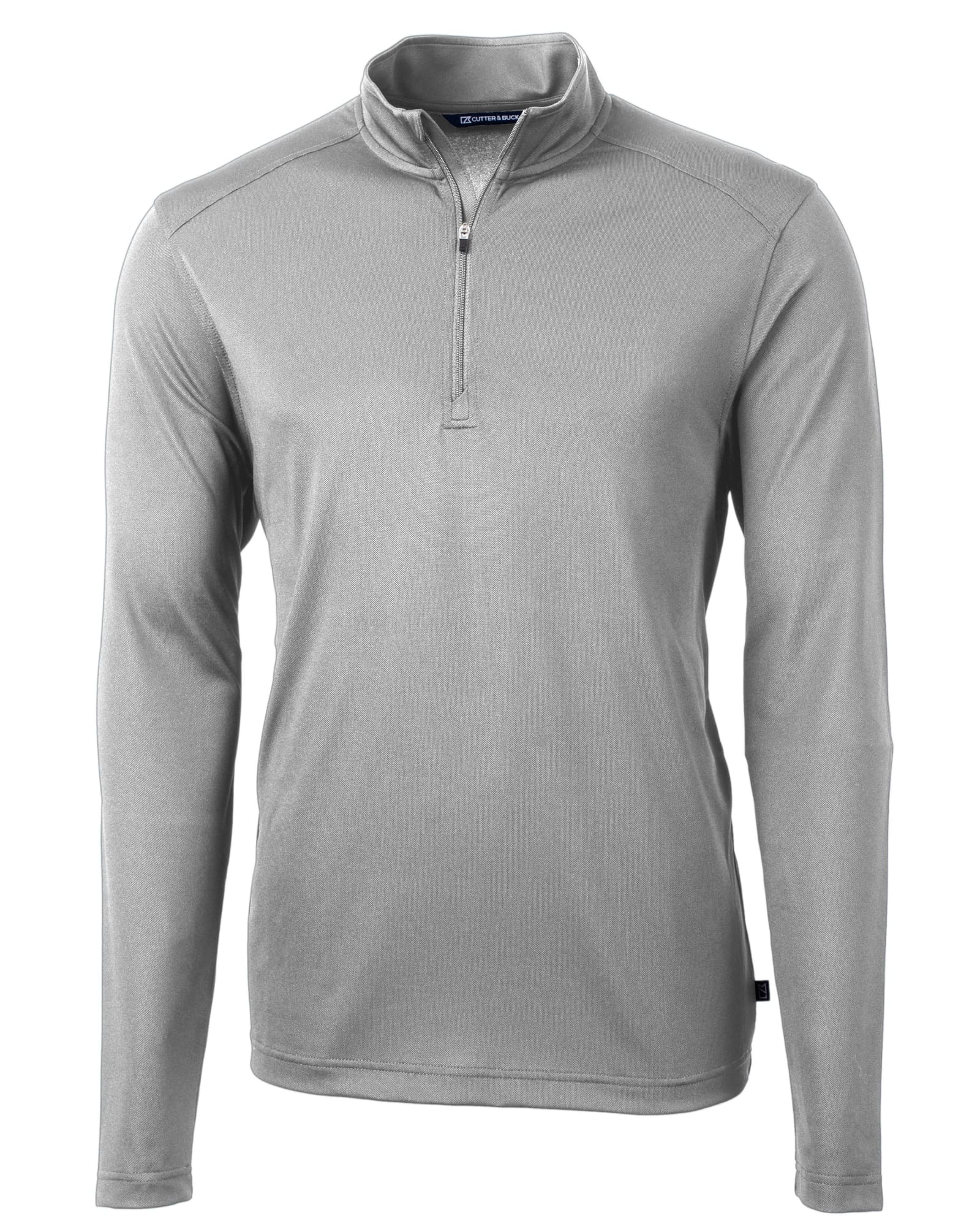 A grey half-zip jacket with long sleeves and a collar, featuring a logo on the upper side.