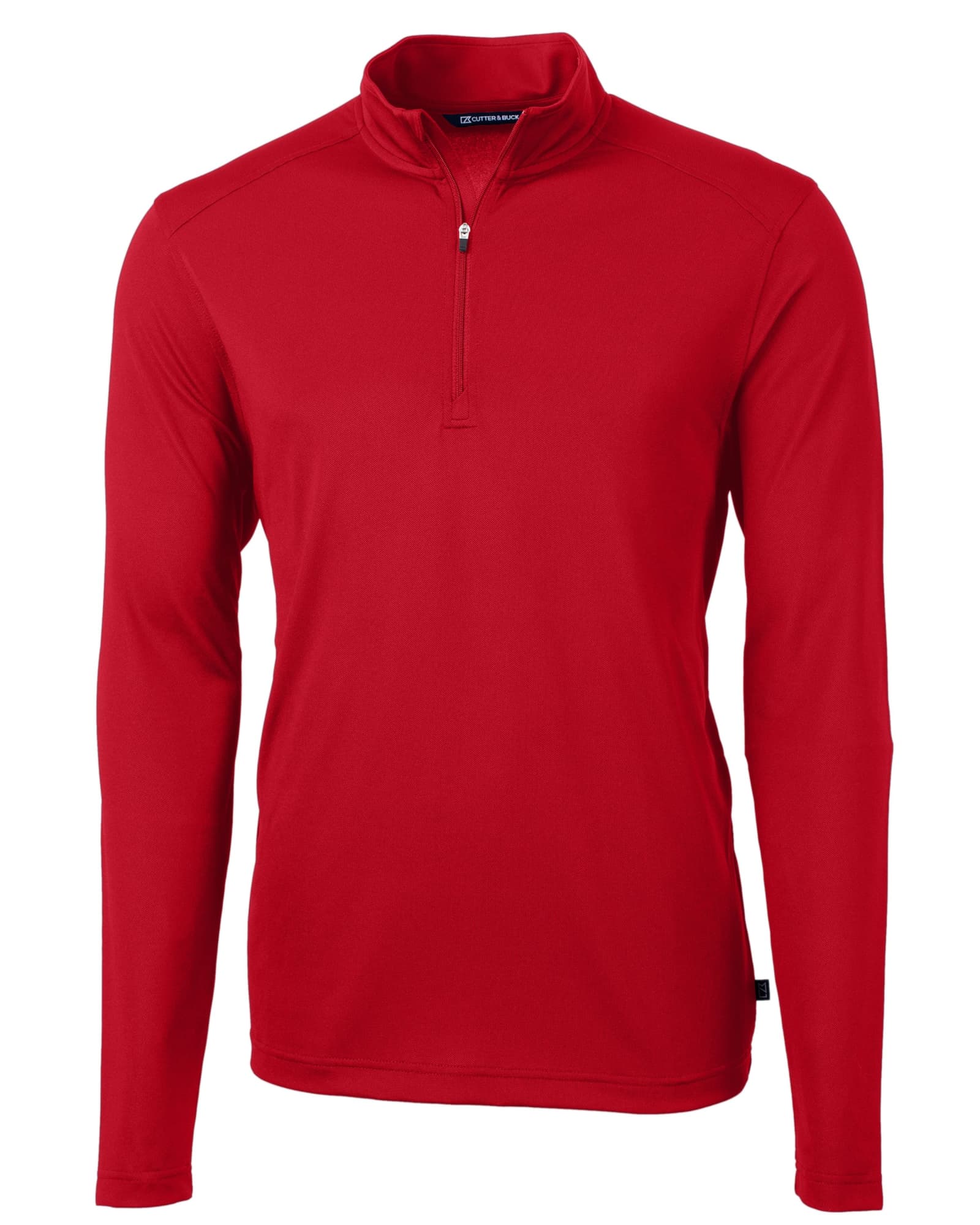 A red men's half zip jacket featuring long sleeves and a zippered collar. It has a branding logo on it.