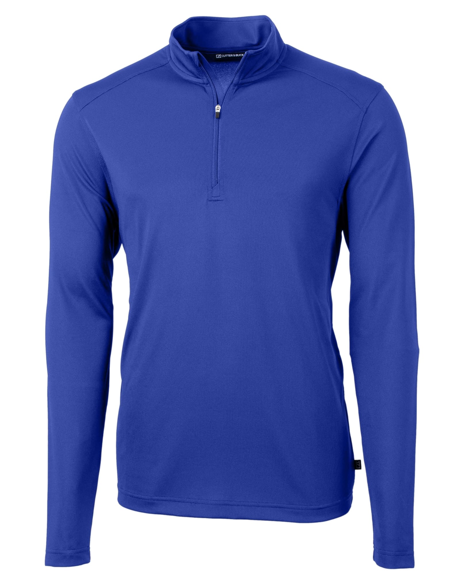 A blue half-zip jacket for men made from eco-friendly material, featuring long sleeves and a small collar.