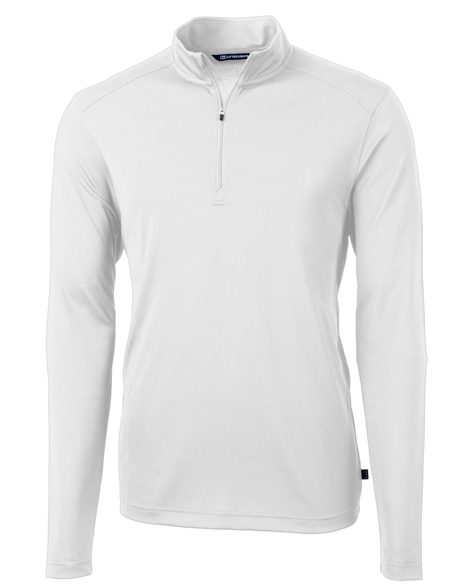 A white half-zip jacket for men, featuring long sleeves and a small logo on the garment.