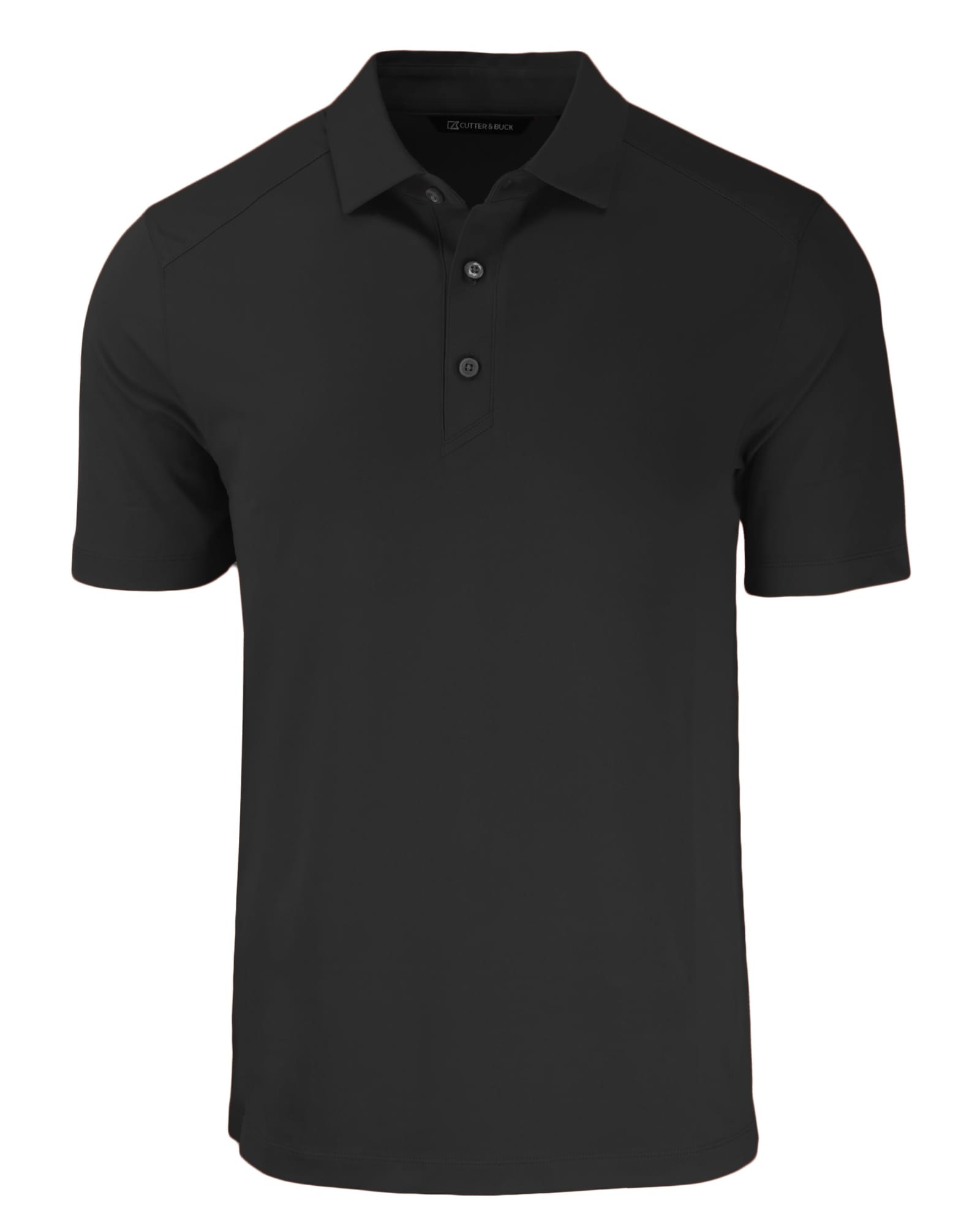 A black men's polo shirt with a collar, short sleeves, and buttons, featuring a logo on the chest.