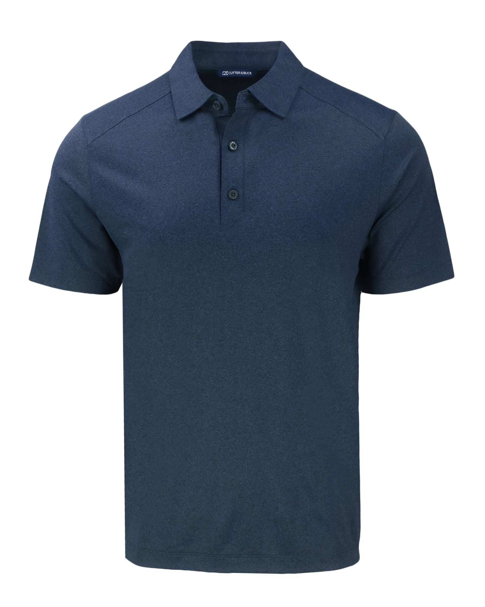 A navy blue polo shirt featuring a collar, short sleeves, and a logo.