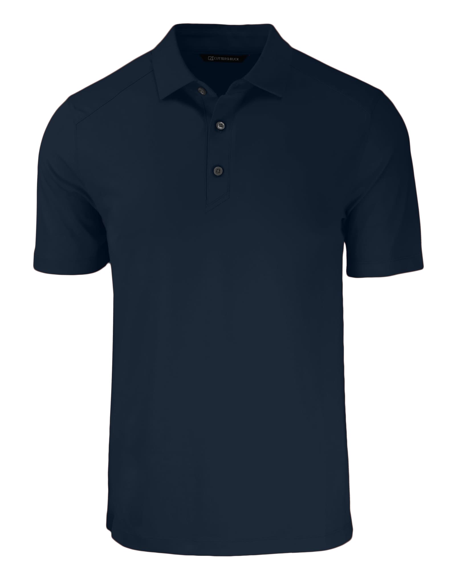 A navy men's polo shirt with a three-button placket and a logo on the chest.
