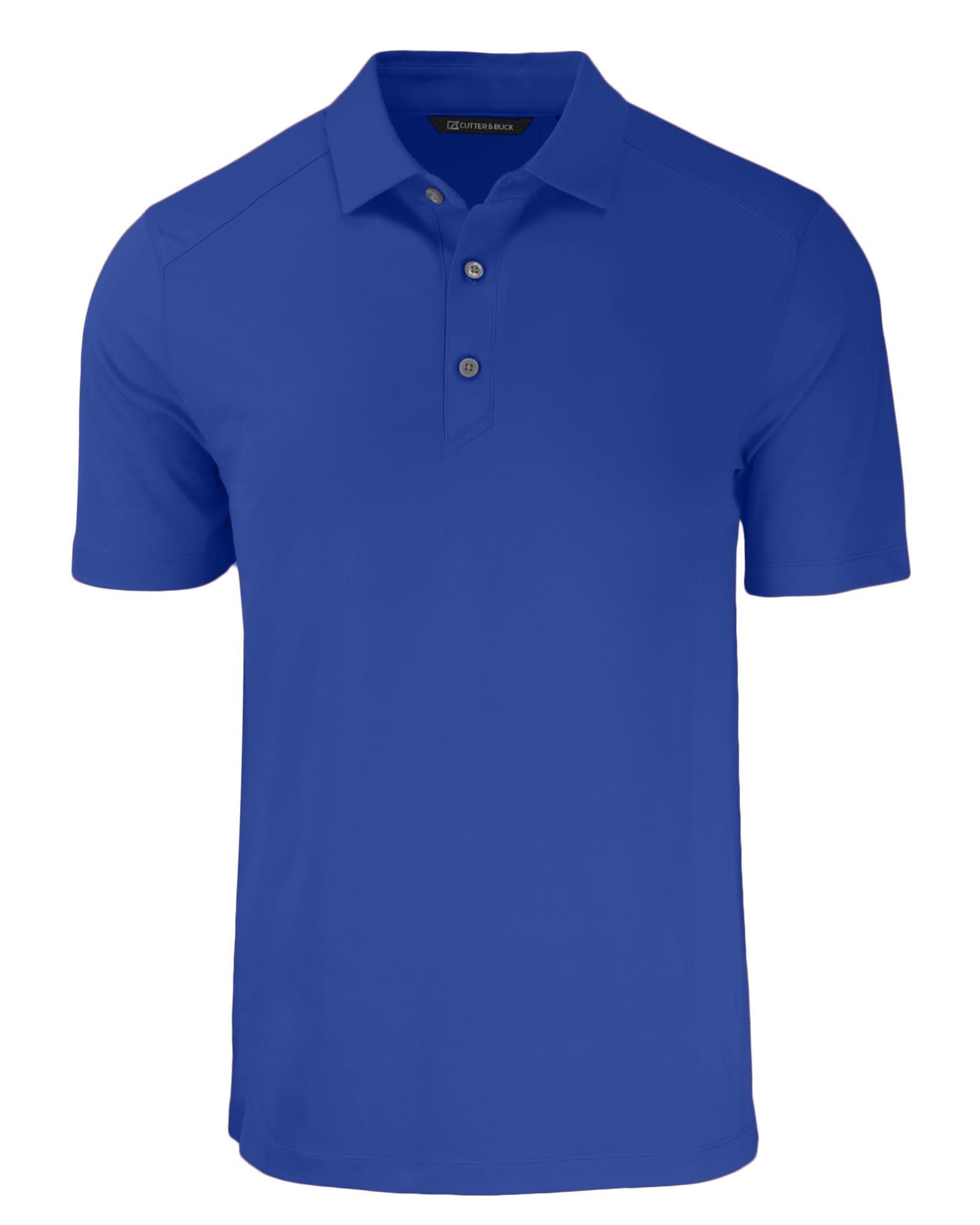 A blue men's polo shirt featuring a collar, three buttons, and a branded logo.