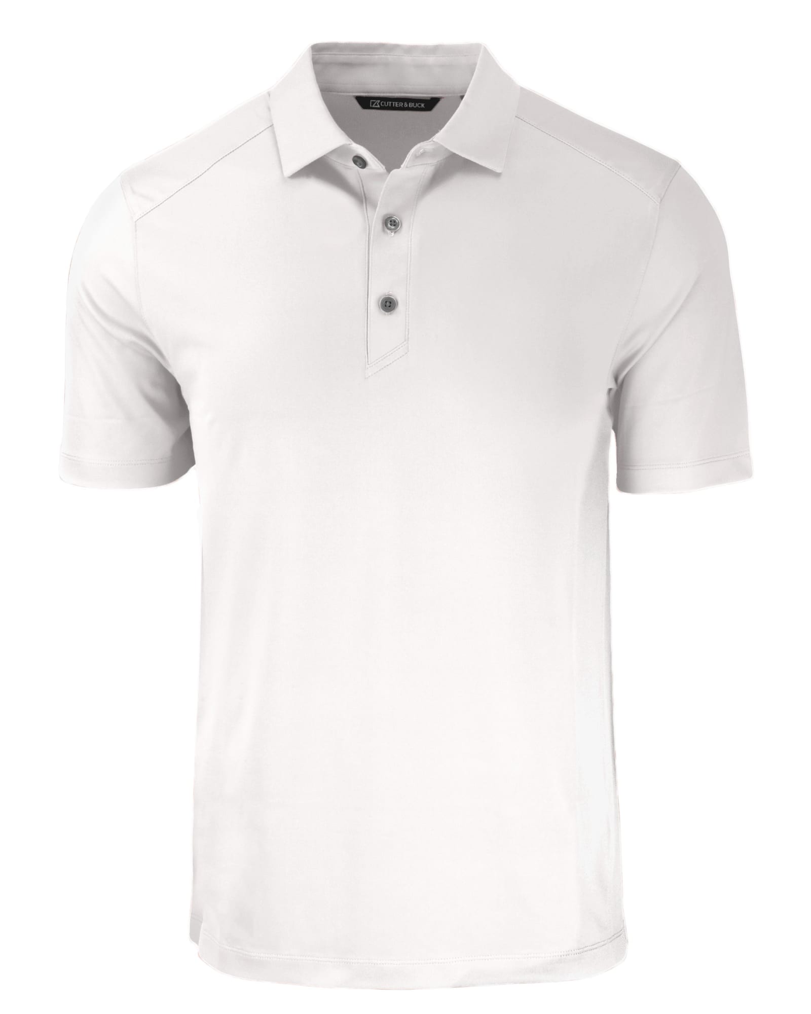 A white men's polo shirt with a collar and three buttons, featuring a logo on the chest.
