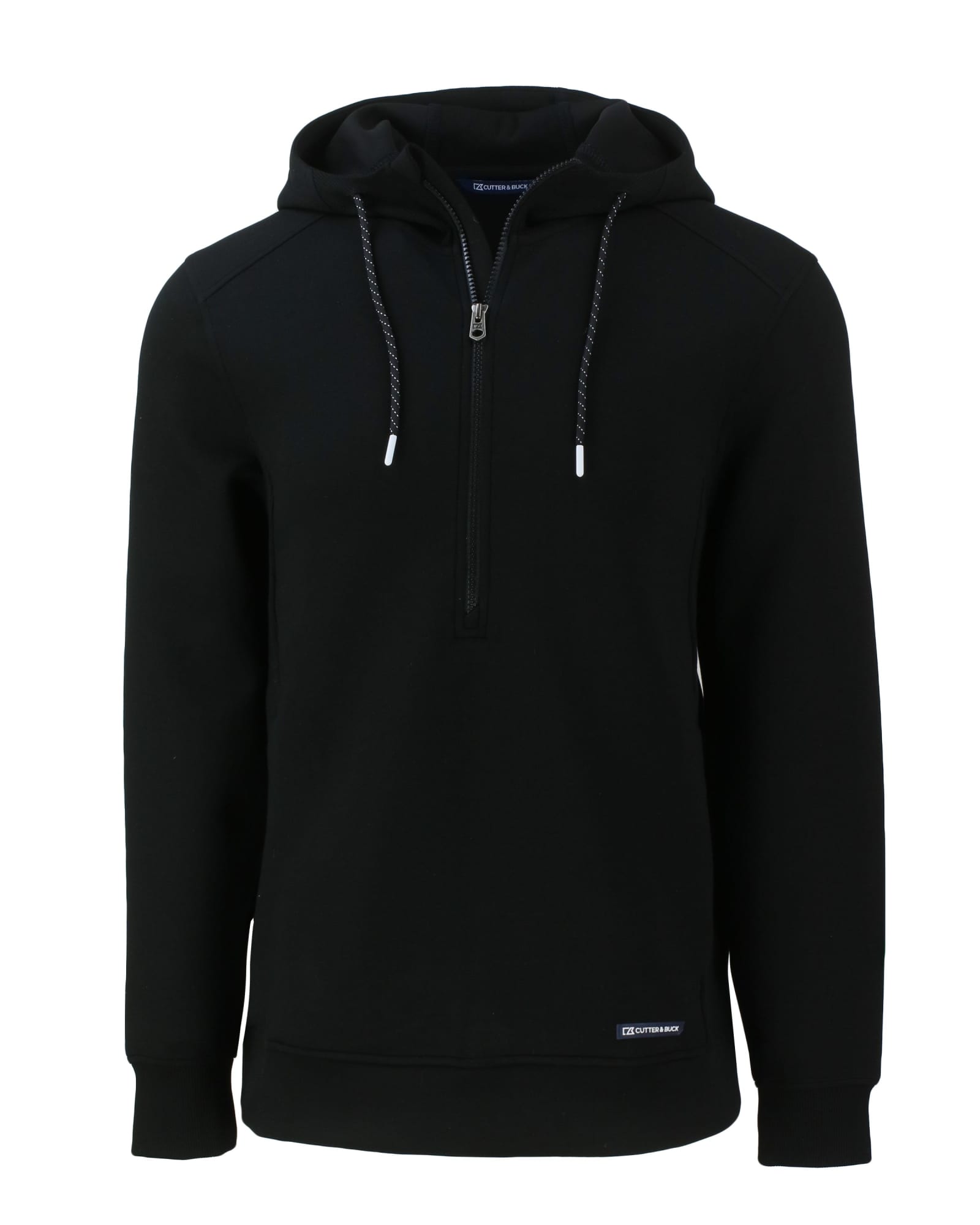 A black half zip hoodie with a drawstring hood and logo branding, designed for men.