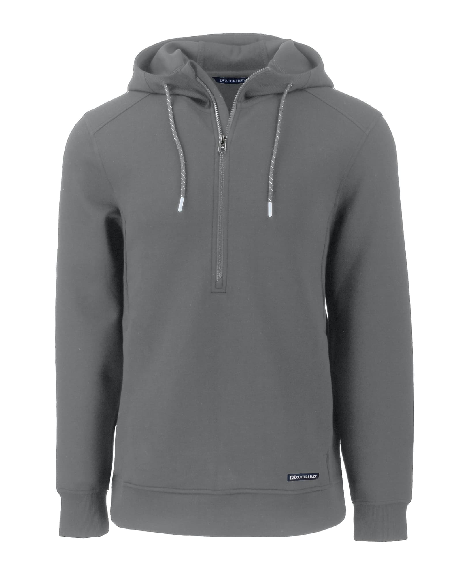 A grey men’s half zip hoodie with a hood, featuring a logo and drawstrings.
