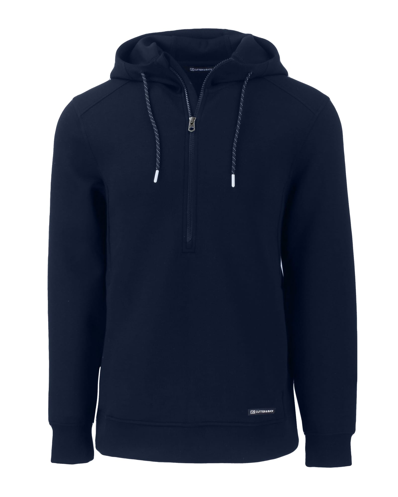 A navy blue men's half zip hoodie featuring a hood, drawstrings, and a logo on the hem.
