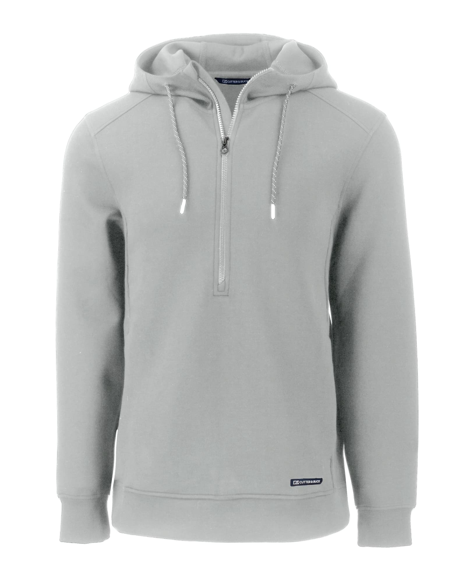 A light grey men's half zip hoodie featuring a hood and a logo at the hem.