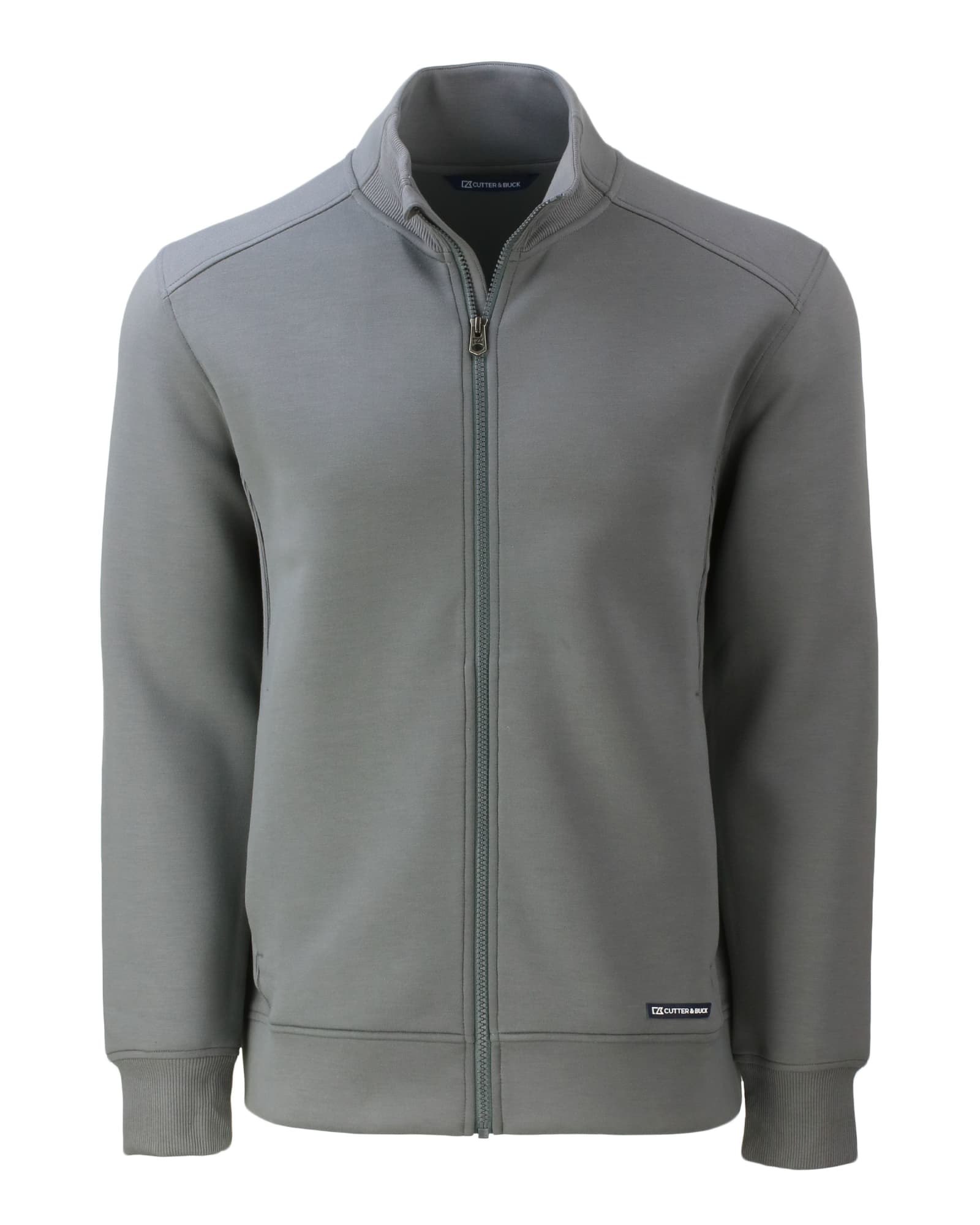 A full zip jacket in a muted green colour, featuring a high collar and a logo on the hem.