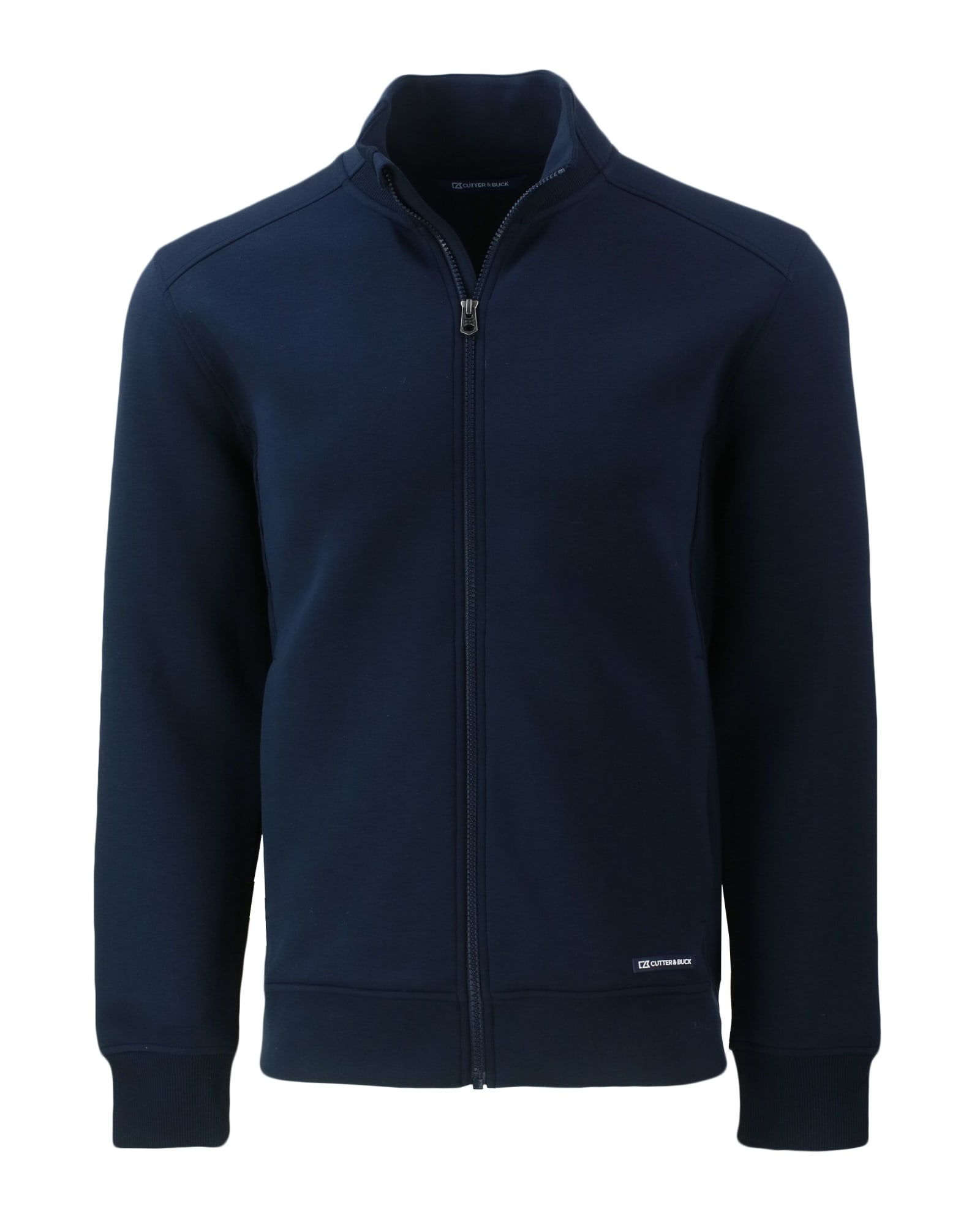 A navy full zip jacket with a high collar and a logo on the side. Ideal for casual wear.