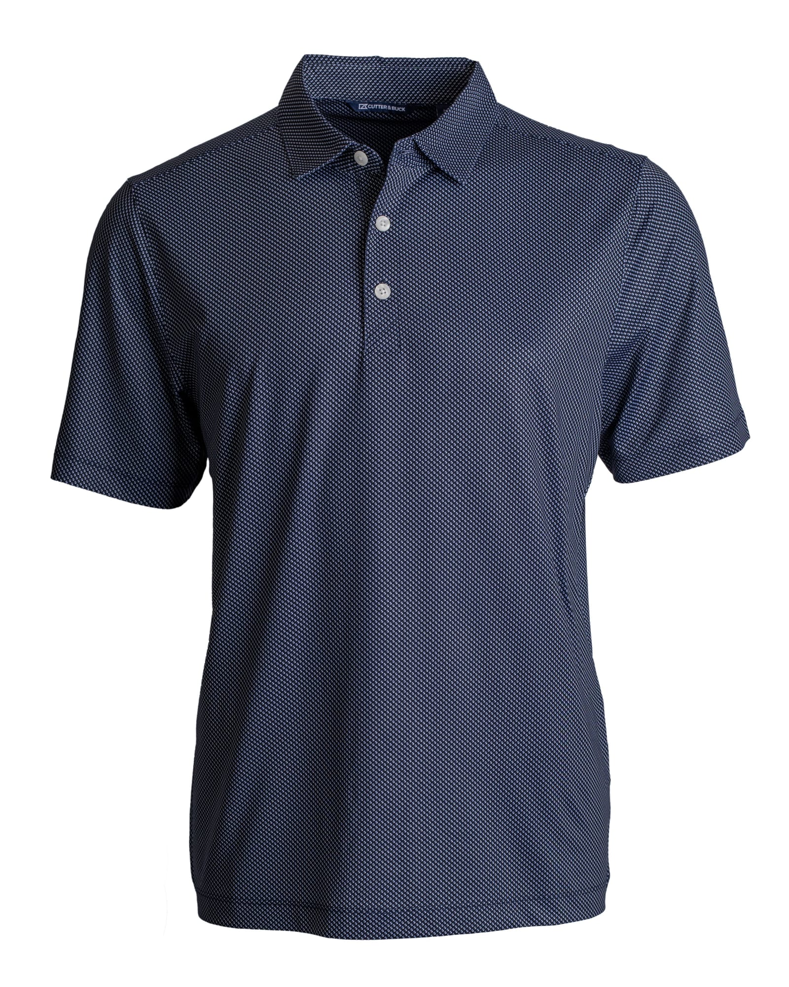 A navy polo shirt featuring a symmetry print design and a collared neckline. It has a logo on the chest.