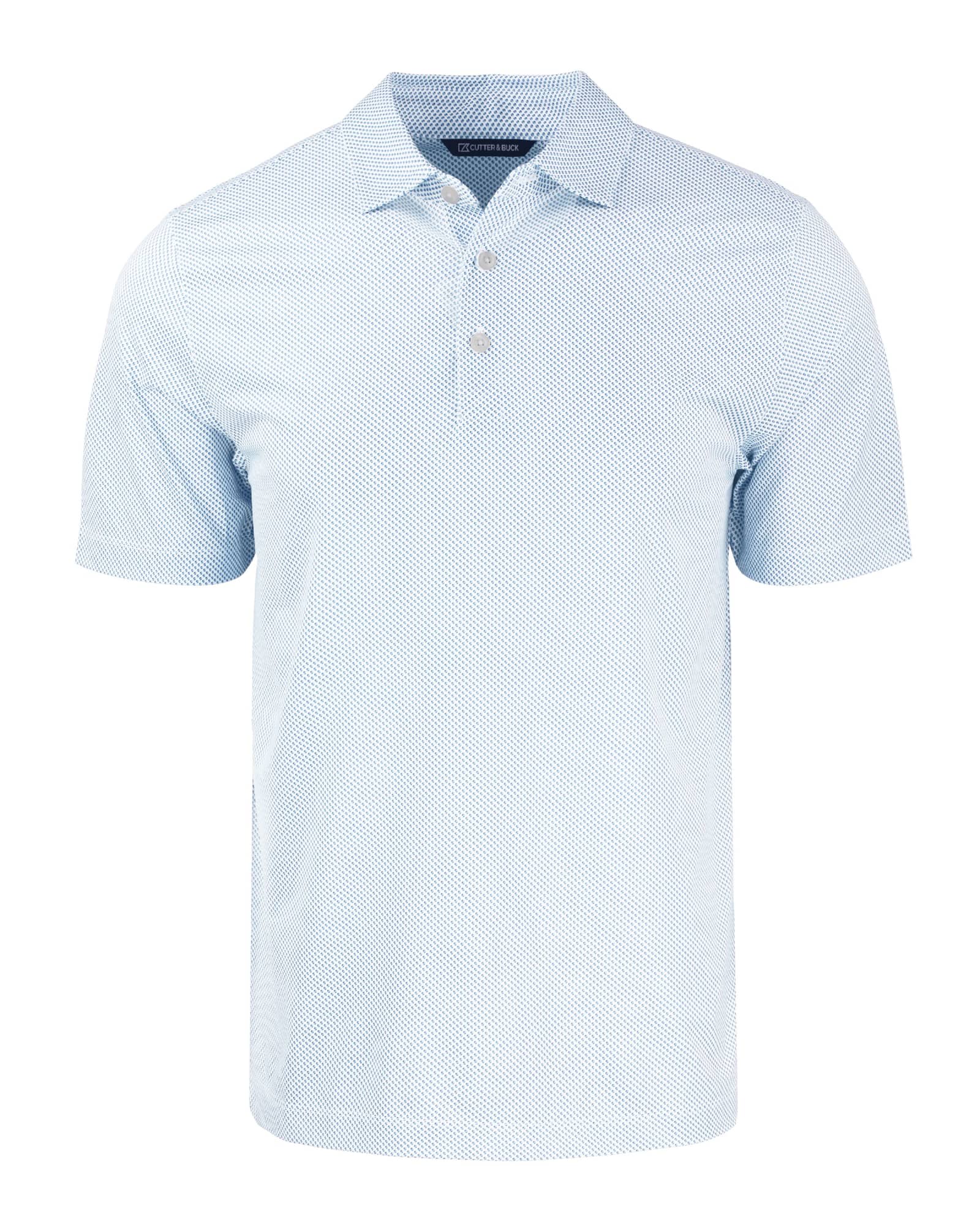 A light blue polo shirt featuring a symmetry print design and a collar, with a logo on the chest.