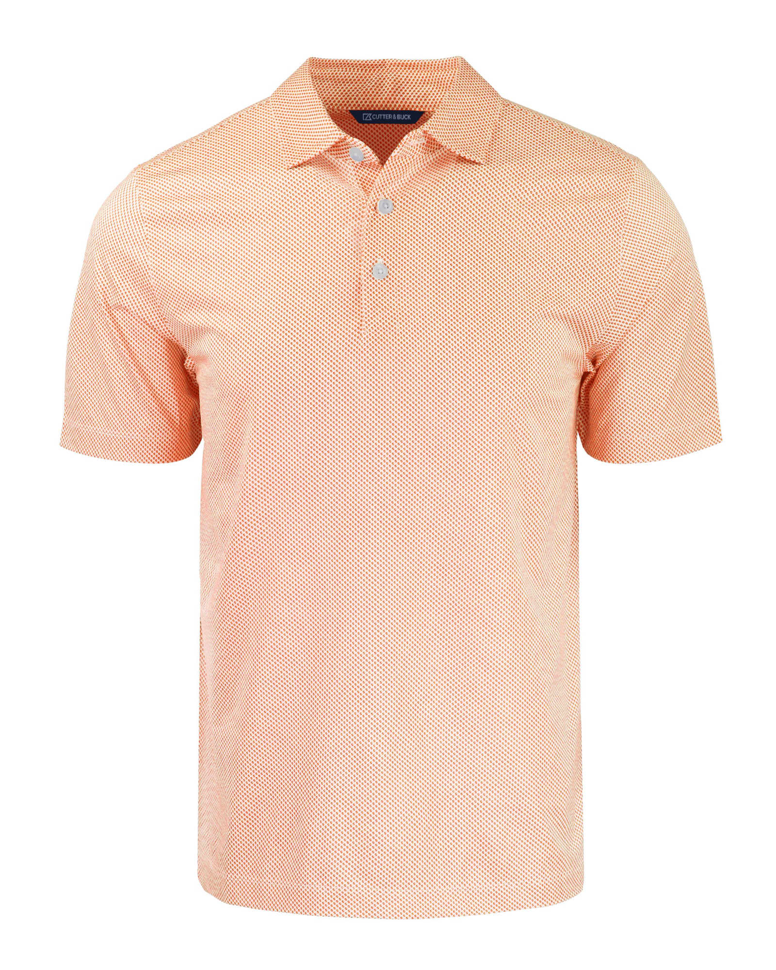 A men’s polo shirt in a light orange with an eco-friendly symmetry print. It features a collar and buttons, with a logo.