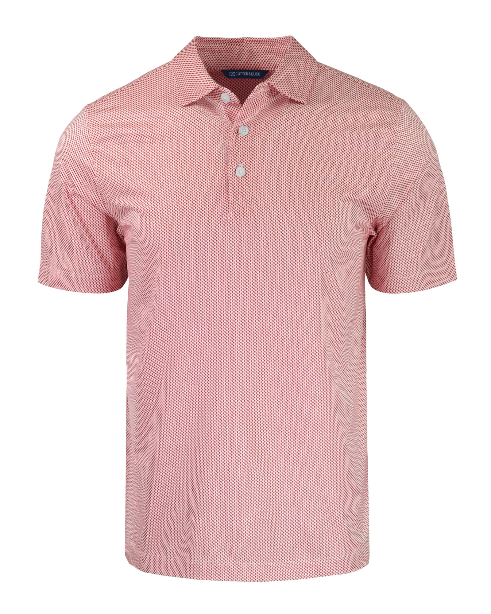 A red and white patterned men's polo shirt with a collar and buttons, featuring a logo.