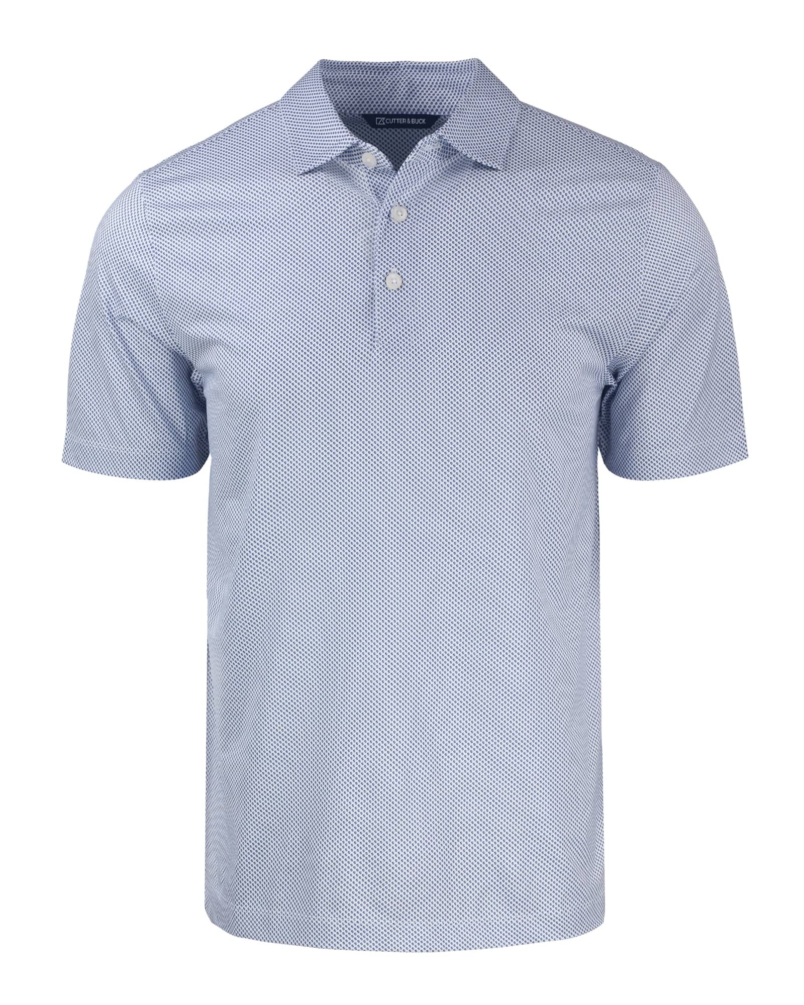 A blue and white patterned polo shirt featuring a collar, short sleeves, and a logo on the chest.