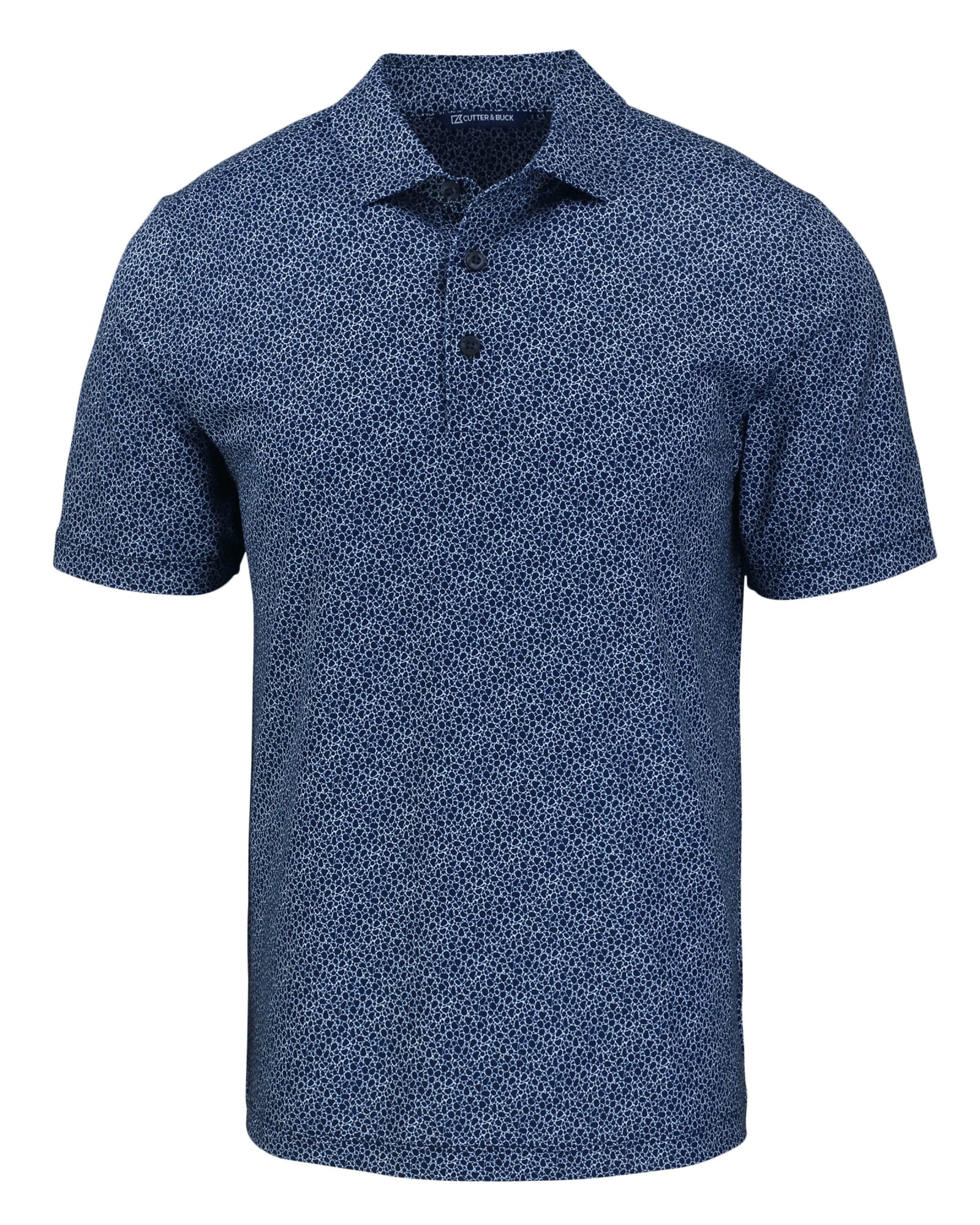 Men's short-sleeve polo shirt in navy blue with a pebble print pattern, featuring a collar and buttons. Includes branding.