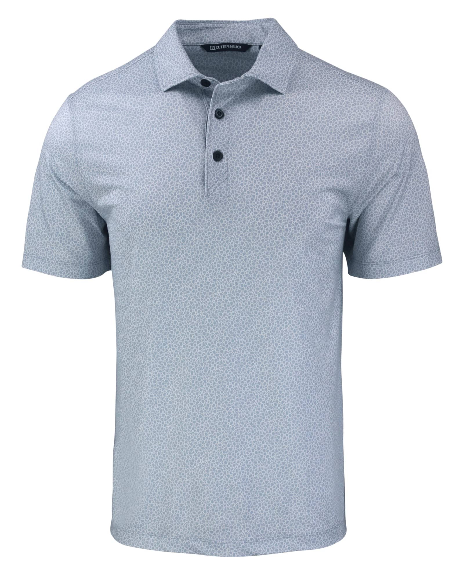 A light blue polo shirt featuring a pebble print and a branded logo, designed for men with a classic collar and buttons.