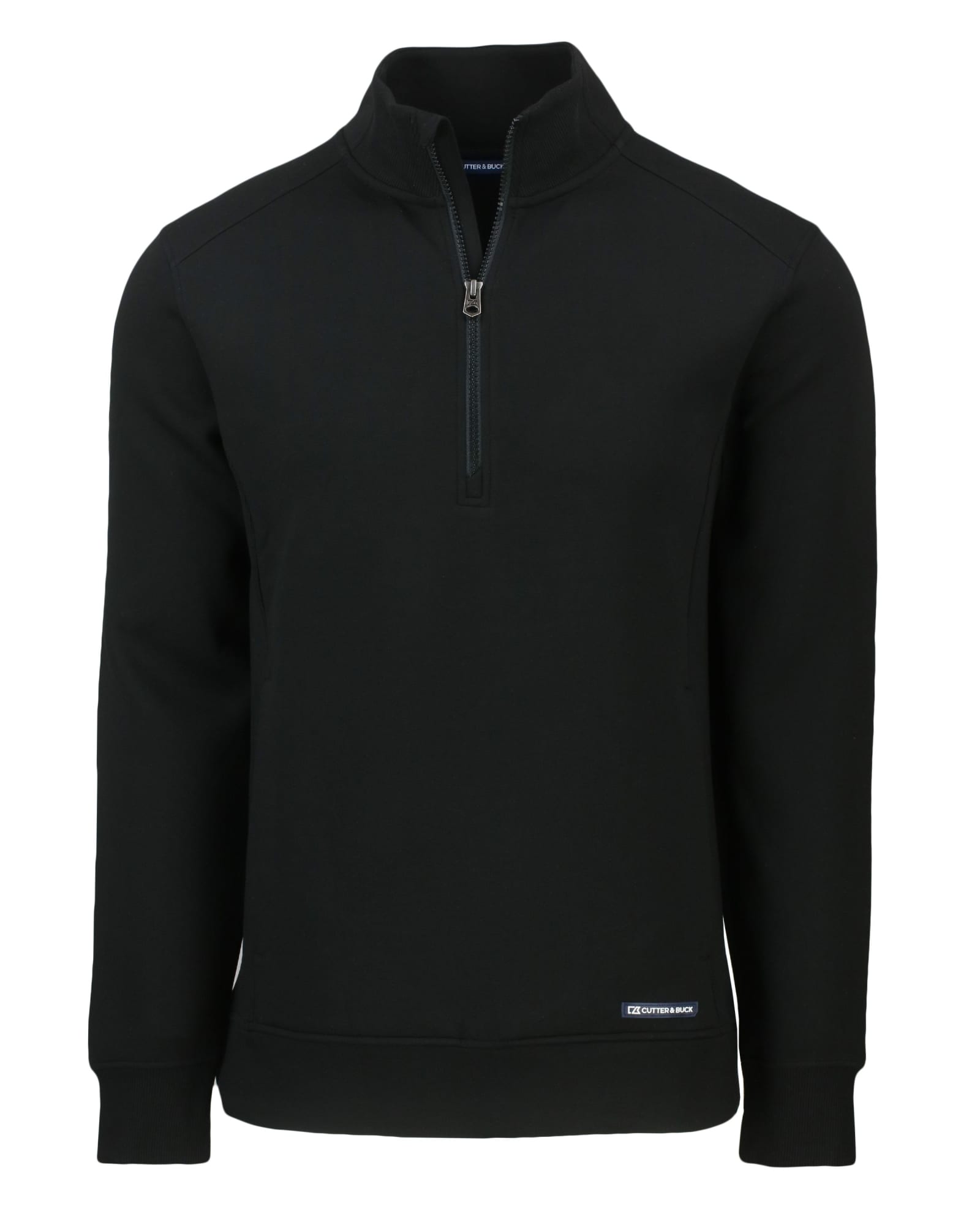 A black half zip jacket with long sleeves and a logo on the hem.