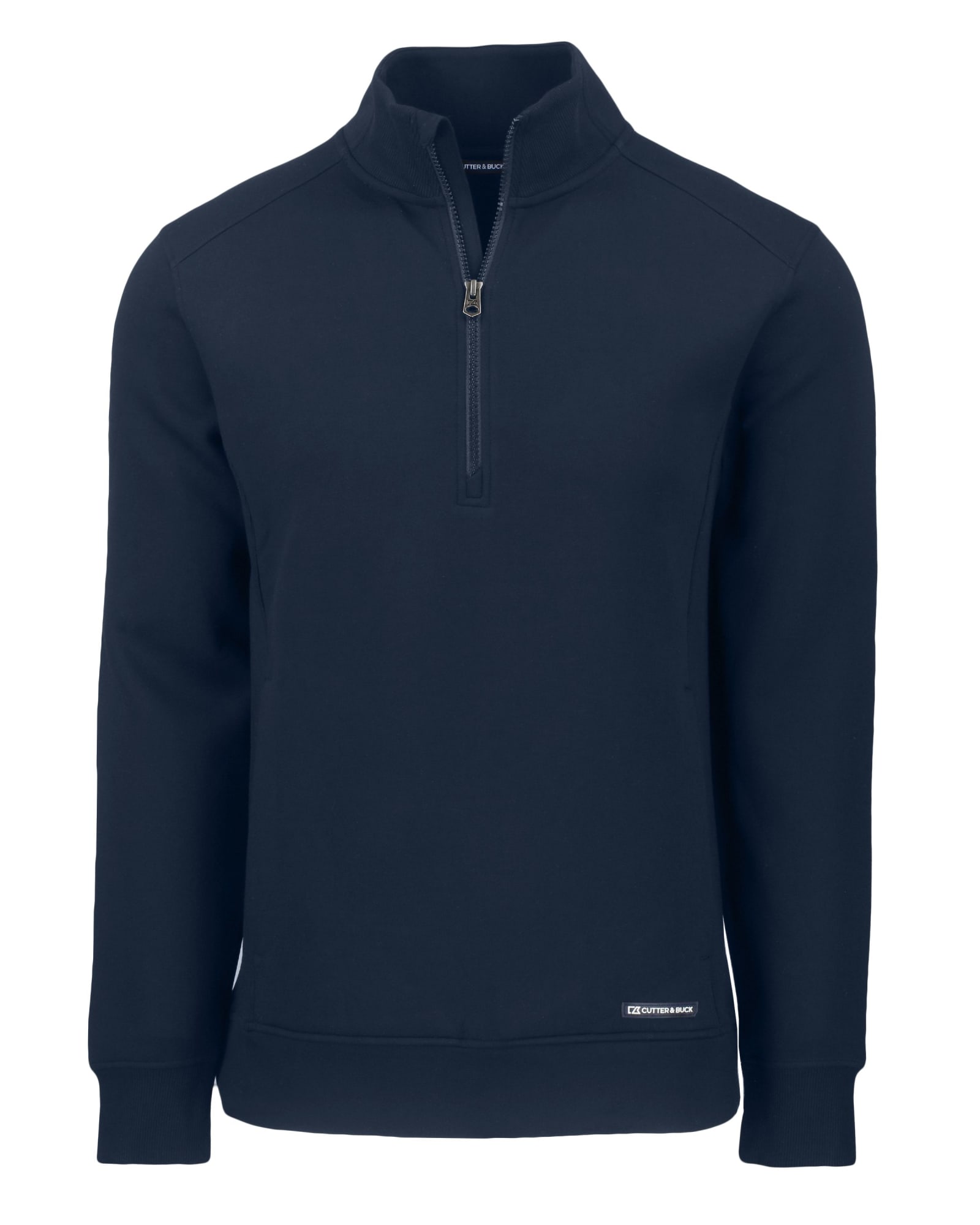 A navy half-zip jacket with a collar and long sleeves, featuring a logo on the hem.