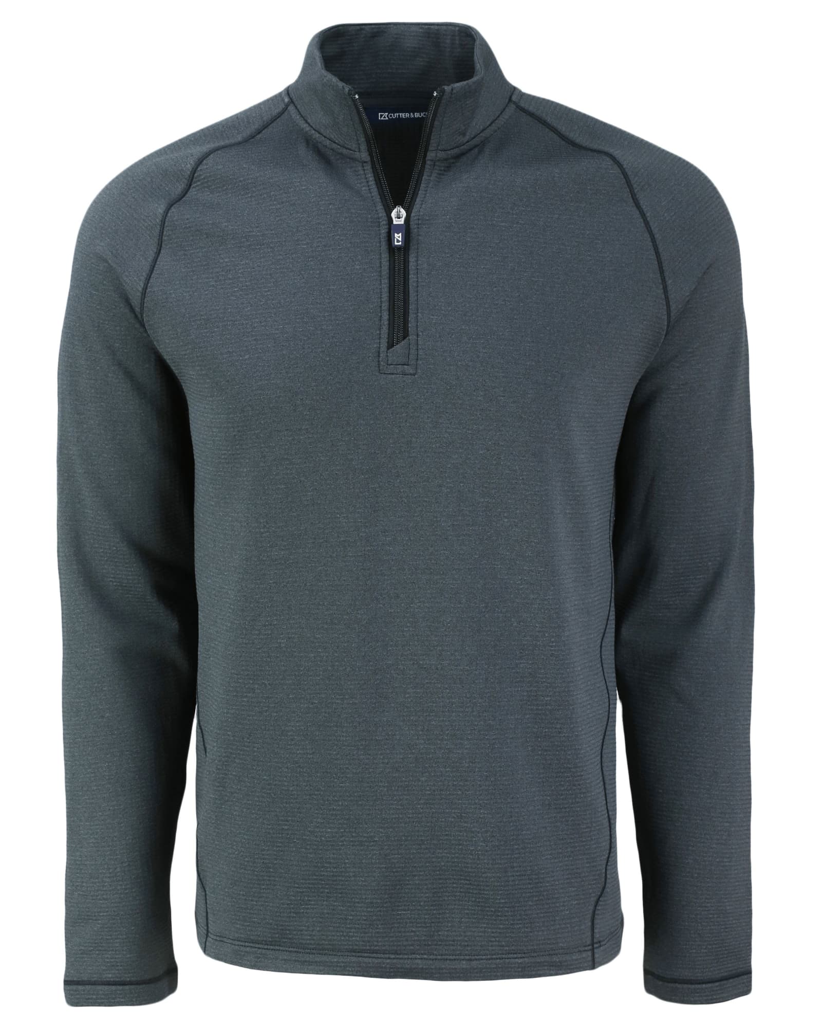 A dark grey half-zip polar fleece jacket with long sleeves and a logo.