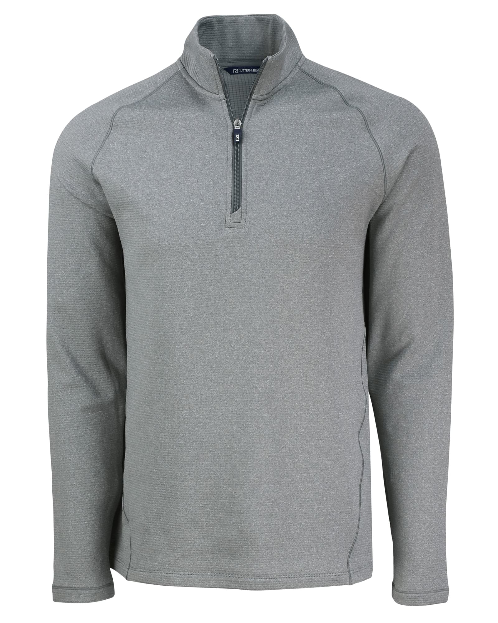 A men's half zip polar fleece jacket in grey, featuring a zip neck and long sleeves. The jacket has a logo.
