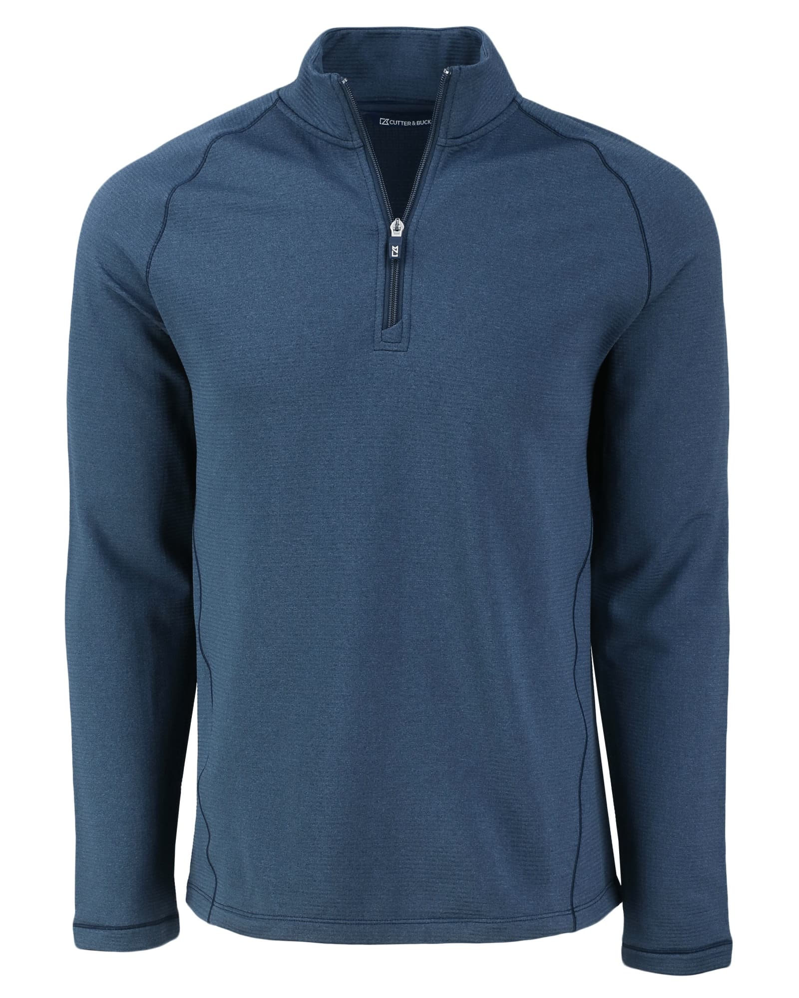 A navy blue men's half zip fleece jacket with long sleeves and a front zipper. It features a logo on the chest.