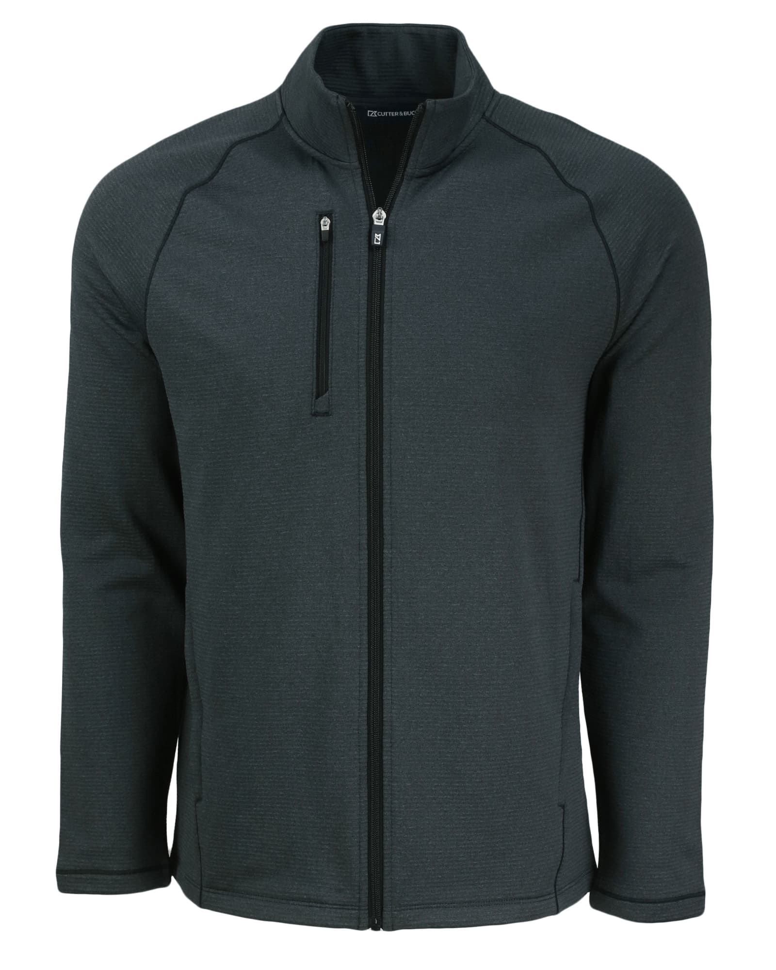 A dark grey full-zip fleece jacket with a high collar and a zippered chest pocket, featuring a logo.
