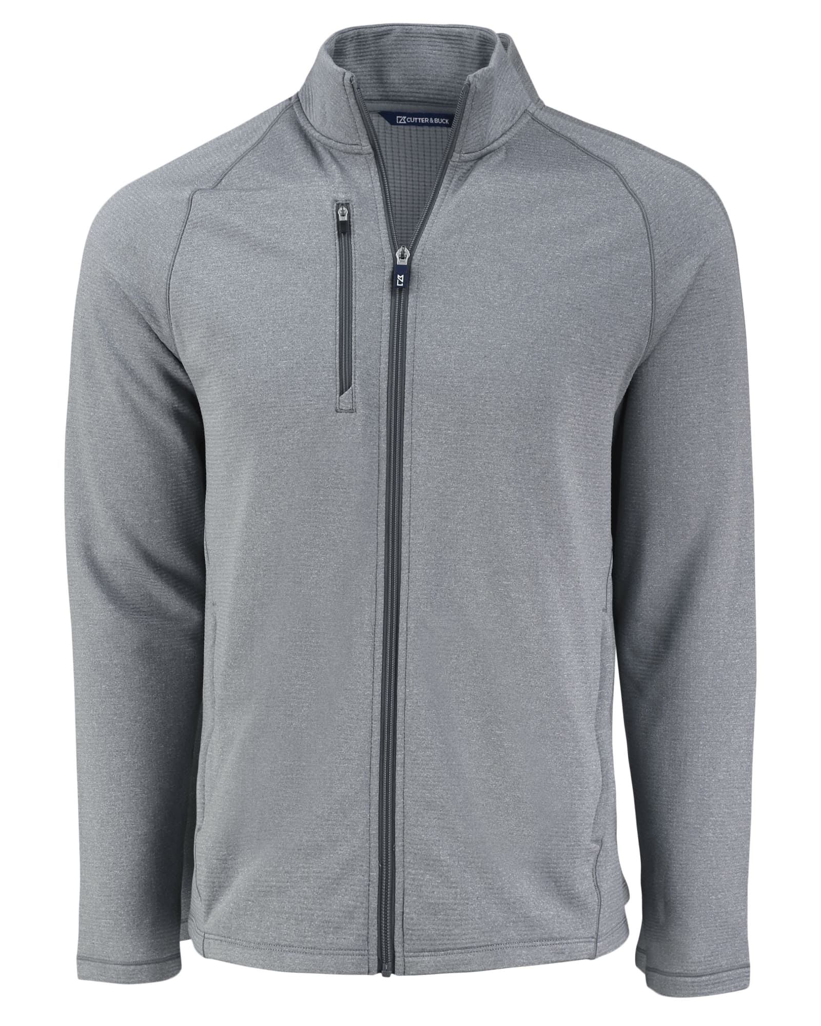A grey full zip fleece jacket with a high collar and a logo on the upper chest.