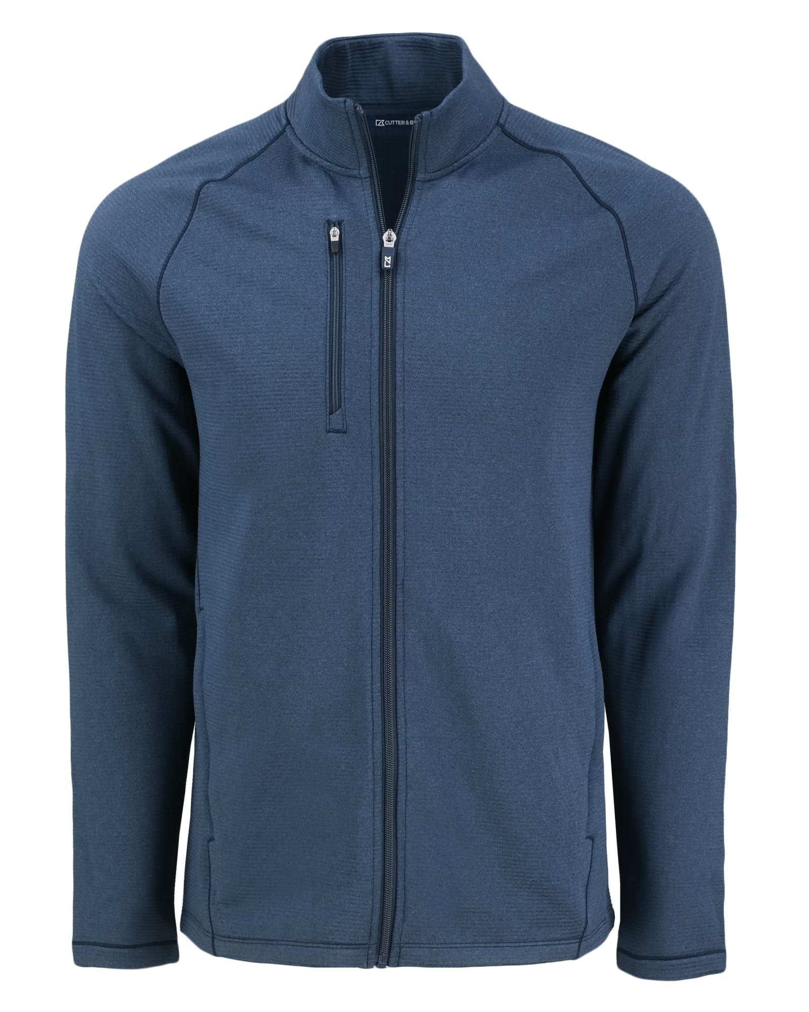 A navy blue full zip jacket featuring a stand-up collar and a pocket on the chest, with a logo on the jacket.