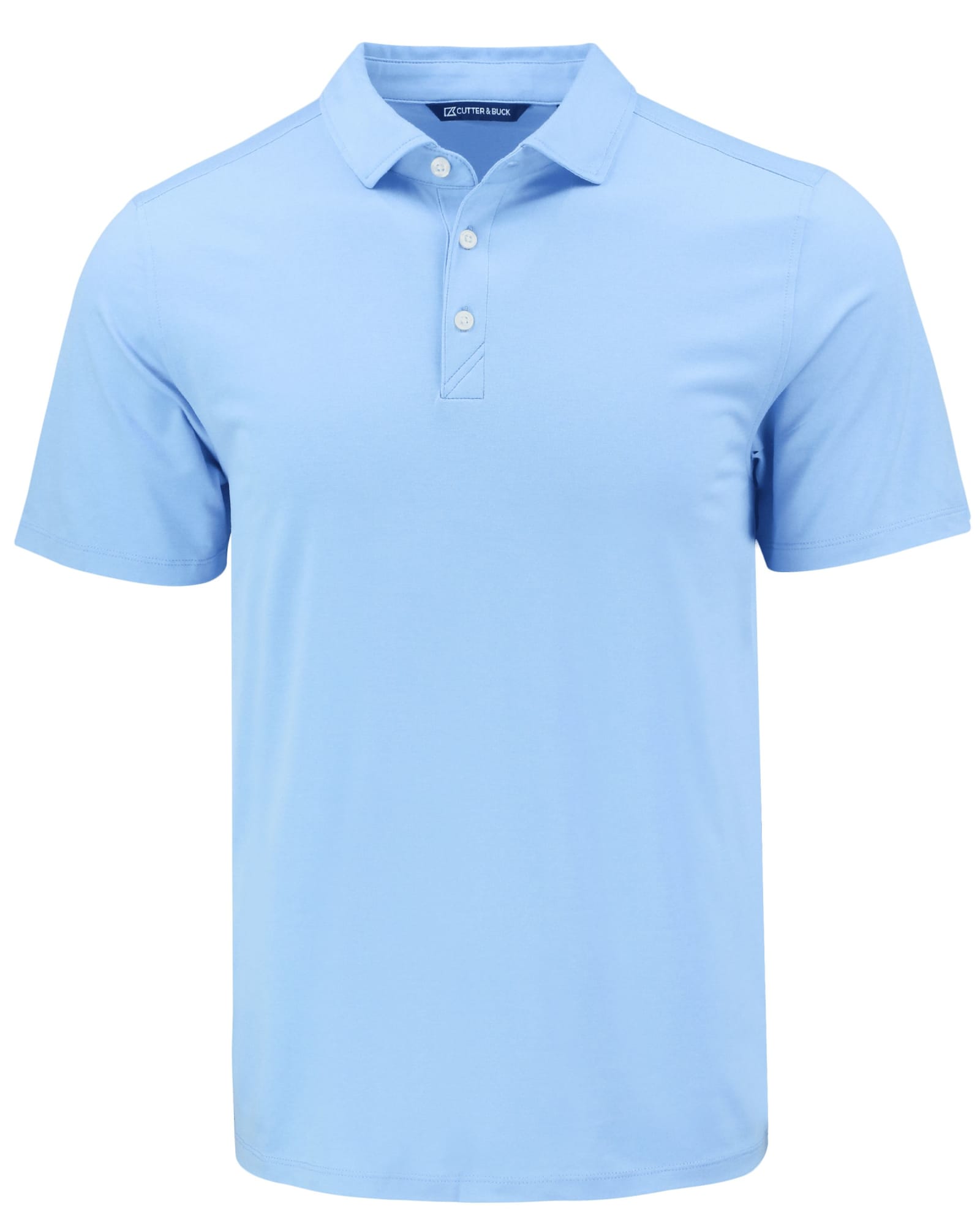 A light blue polo shirt with a collar and three buttons, featuring a subtle logo. Perfect for casual wear.