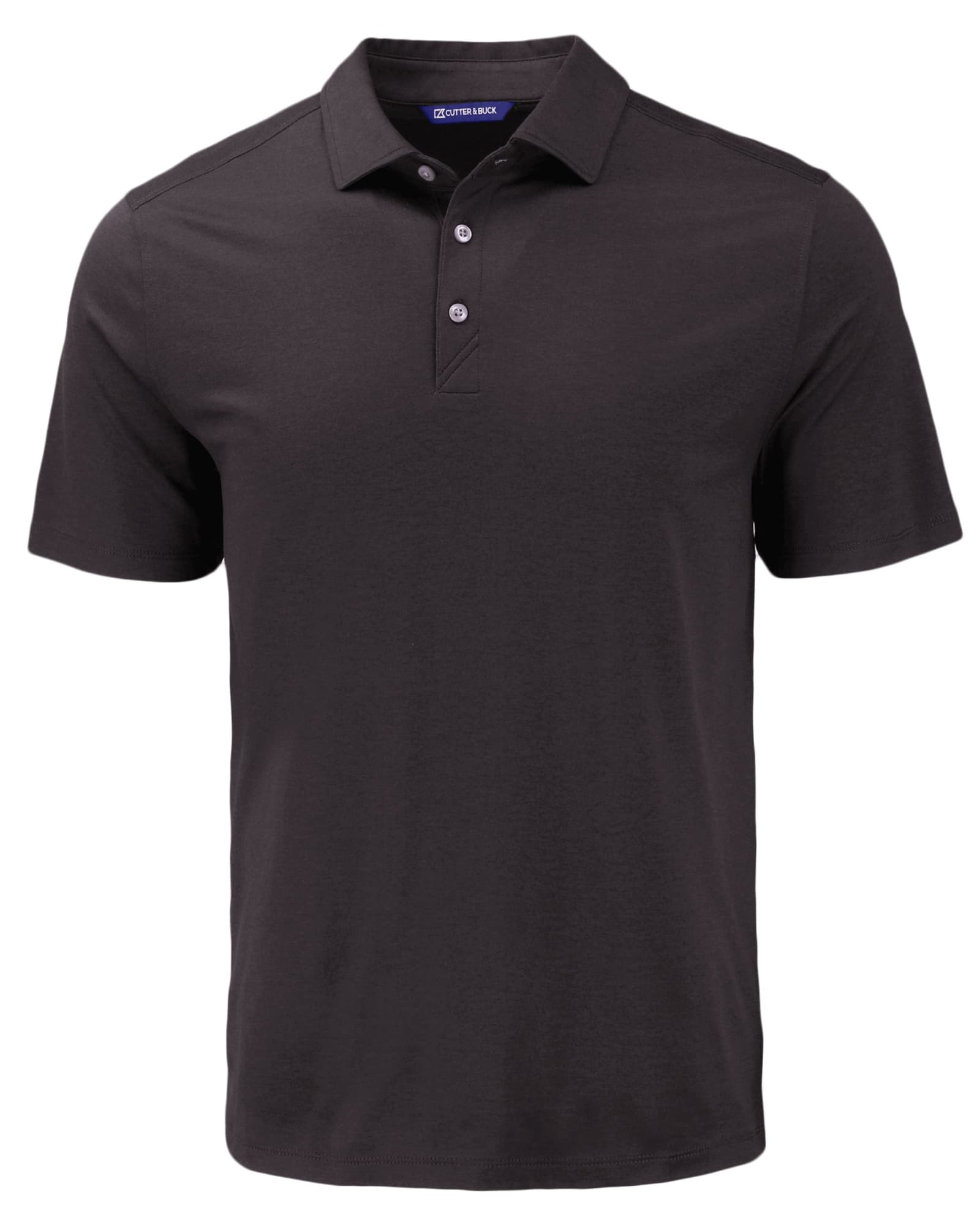 A dark grey men's polo shirt with a collar and three buttons, featuring a logo on the chest.