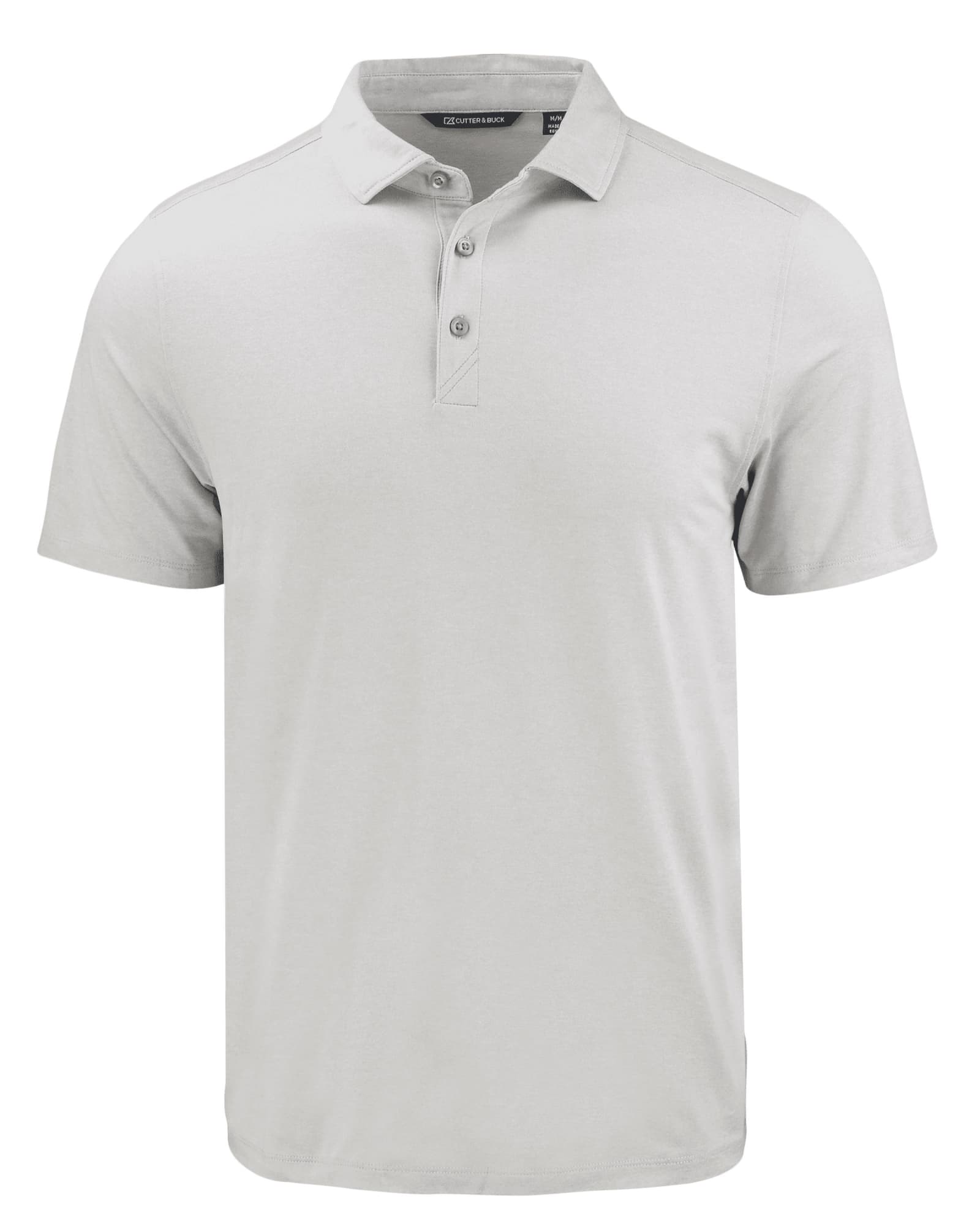 A light grey men's polo shirt with a three-button placket and a logo on the chest.