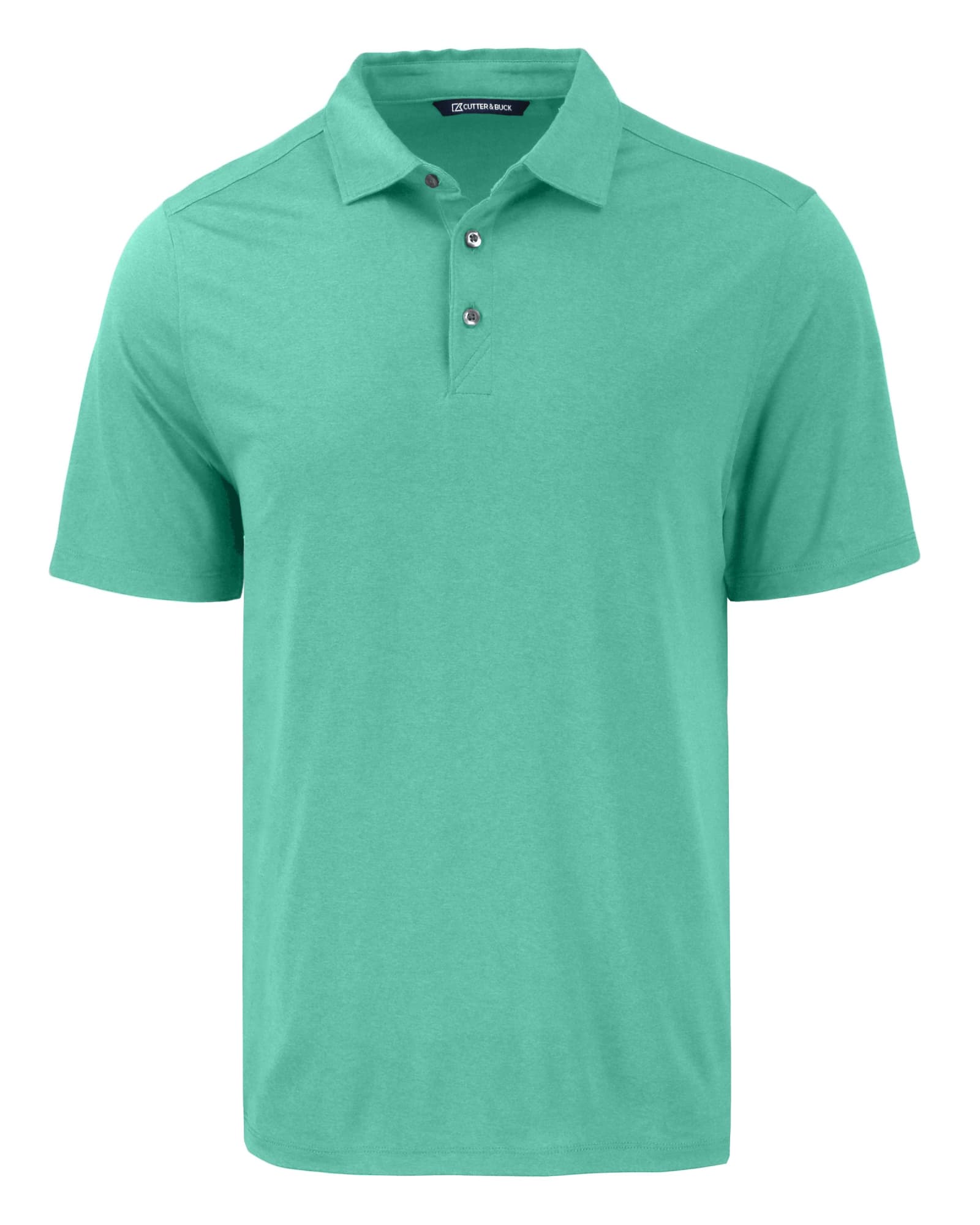 A teal polo shirt with a three-button placket and a logo on the collar. Suitable for casual wear.