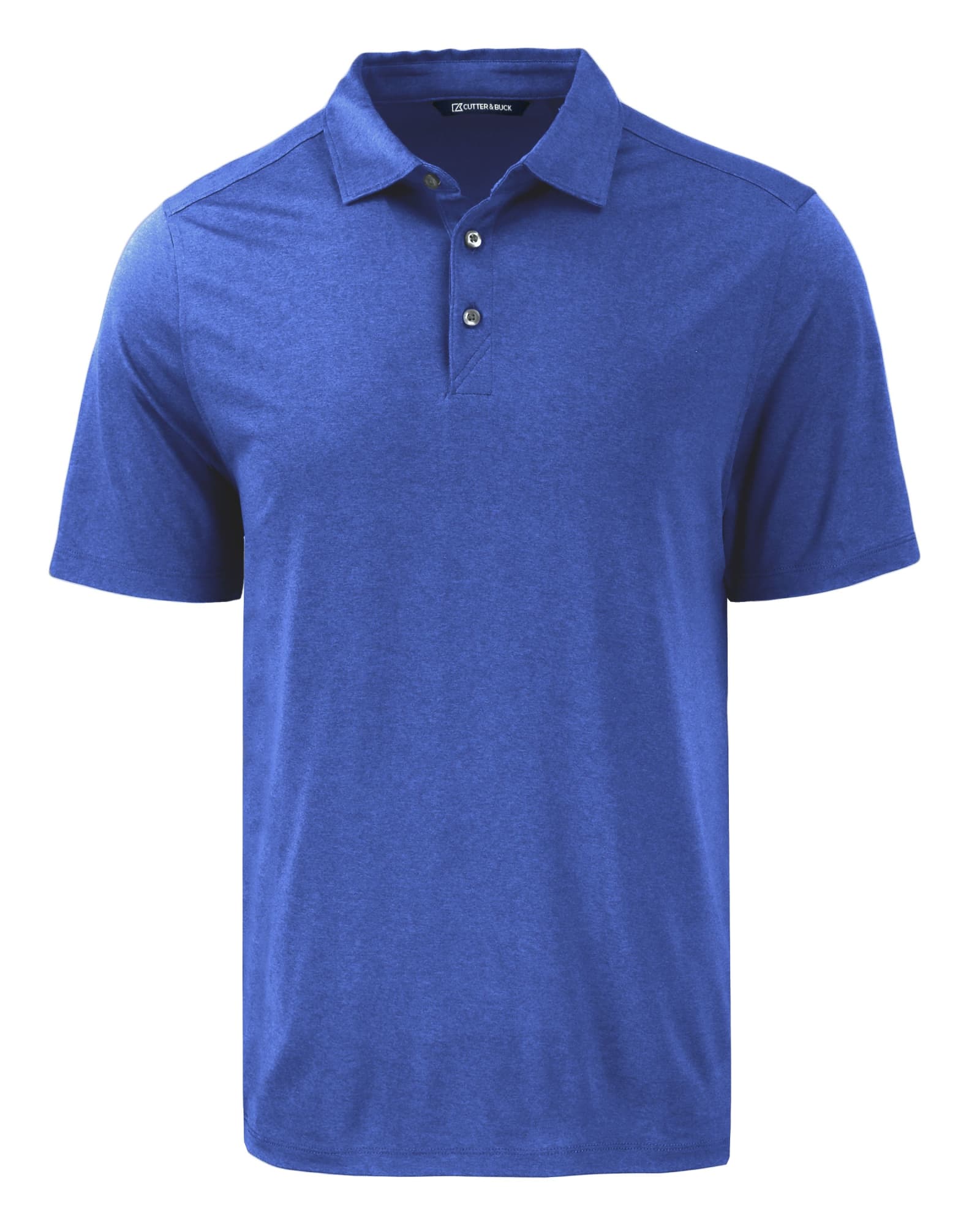 A blue men's polo shirt with a collar and three buttons, featuring a logo on the chest.