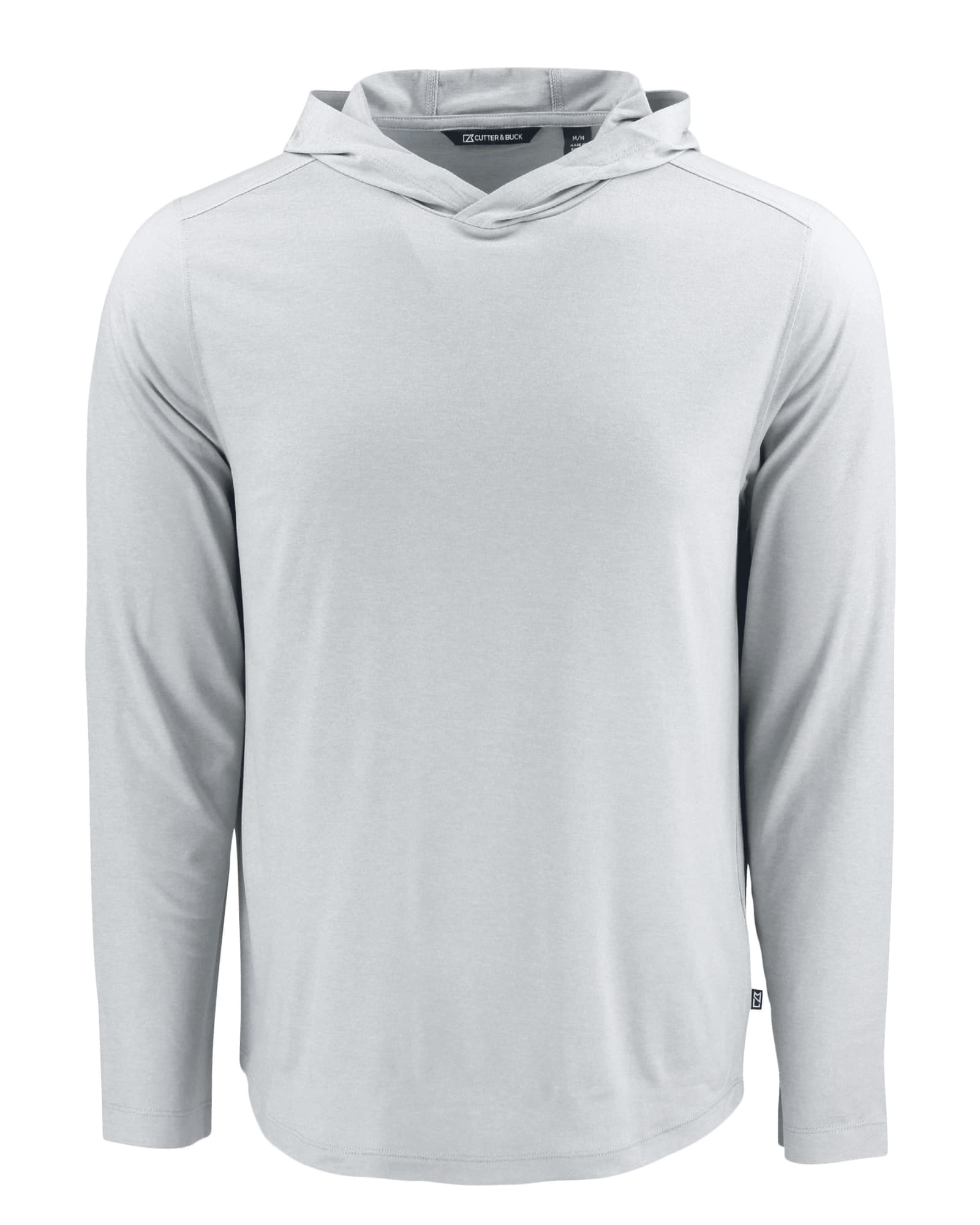 A light grey long-sleeve hooded shirt with a logo on it. The fabric appears lightweight and comfortable.