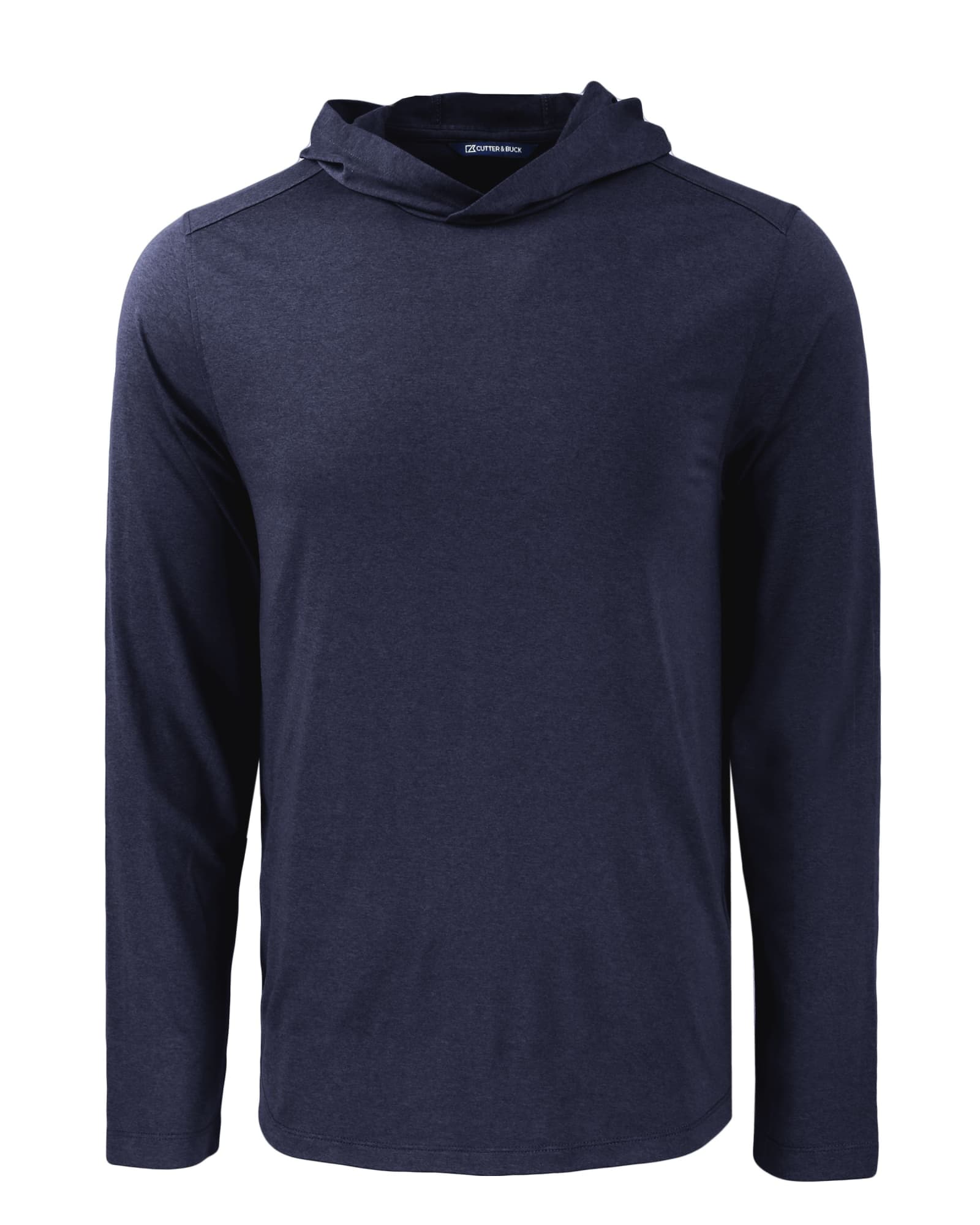 A navy blue hooded shirt with long sleeves and a logo on the chest.
