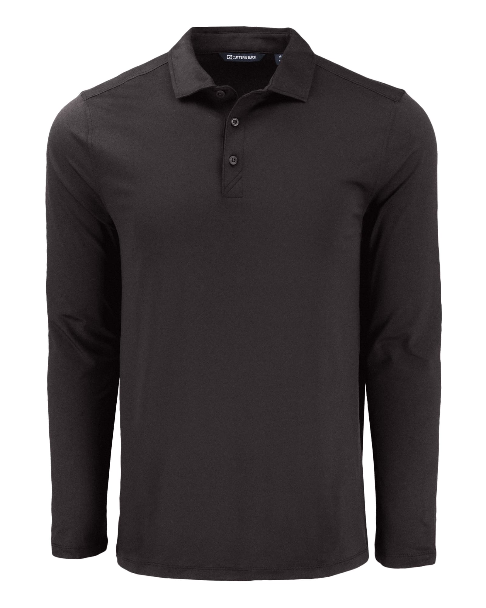 A black long sleeve polo shirt with a collar and button placket, featuring a logo.