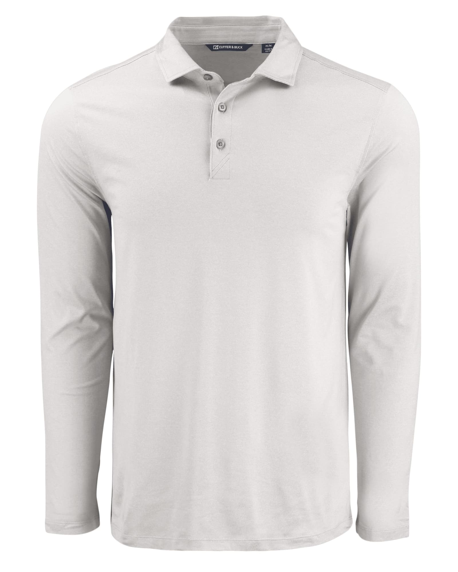 A light grey men’s long sleeve polo shirt with a three-button placket and a subtle logo.