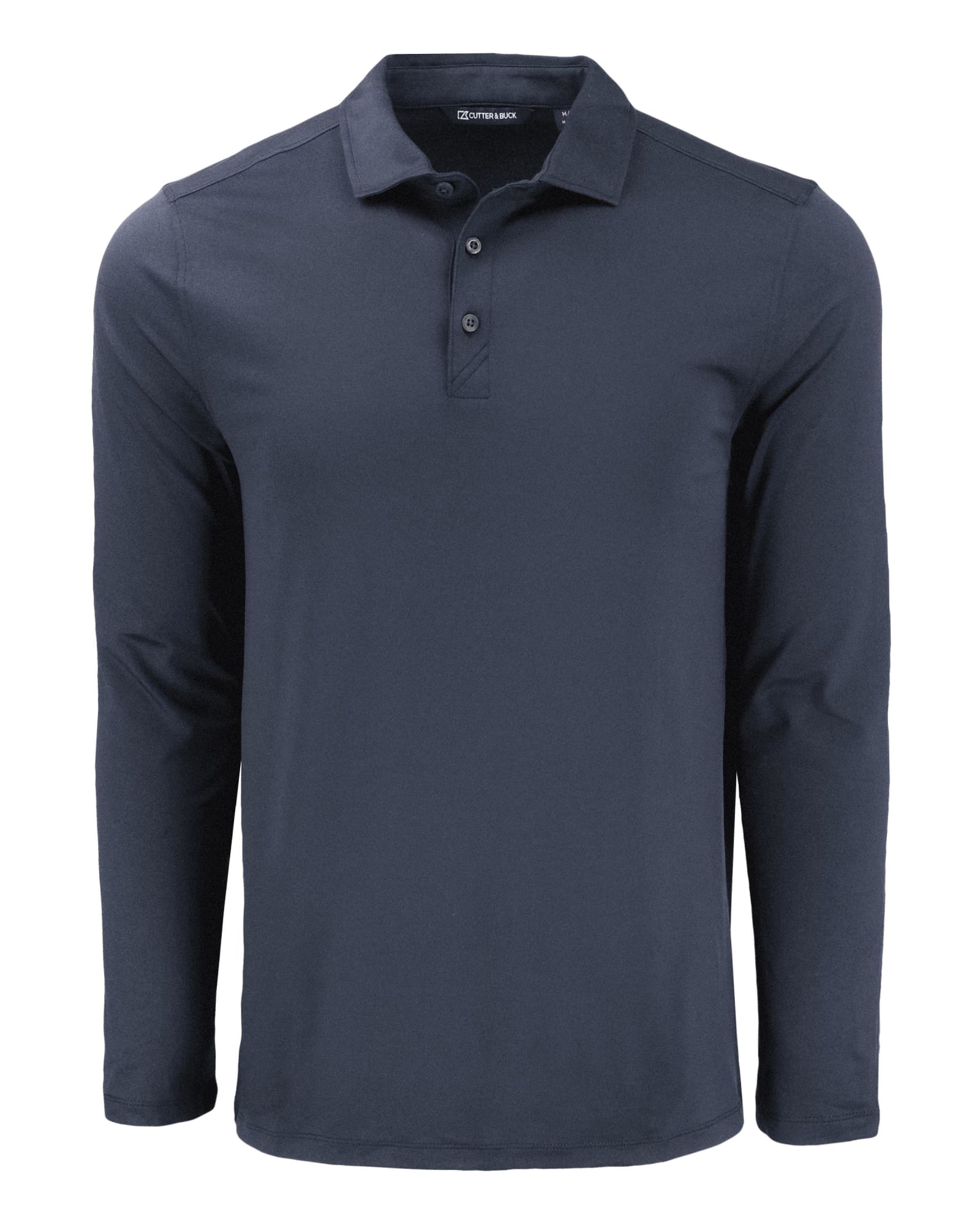 A long sleeve polo shirt in navy blue, featuring a collar and button placket, with a logo on the chest.