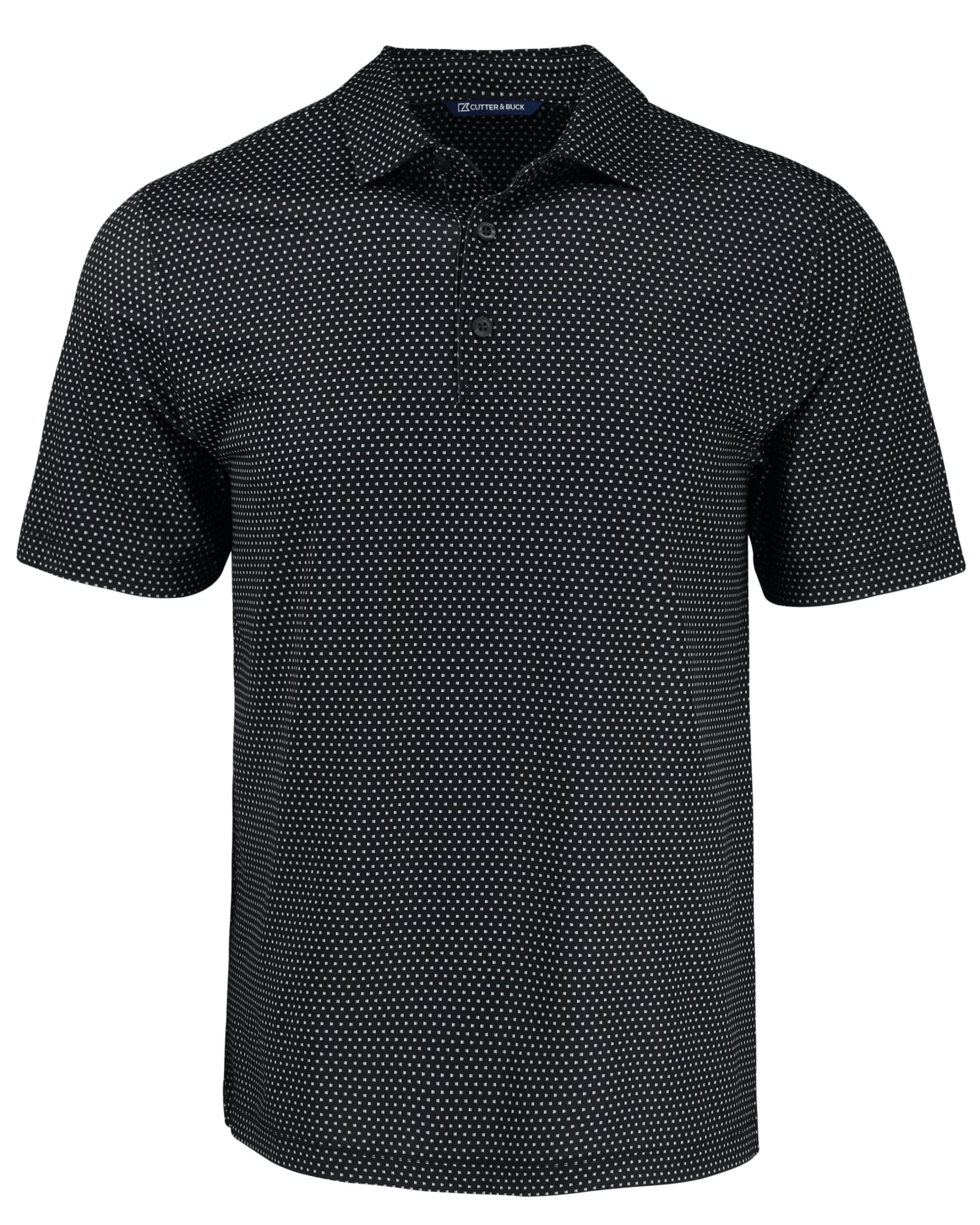 A black eco-friendly polo shirt with a shadow check pattern and a collar, featuring a logo.