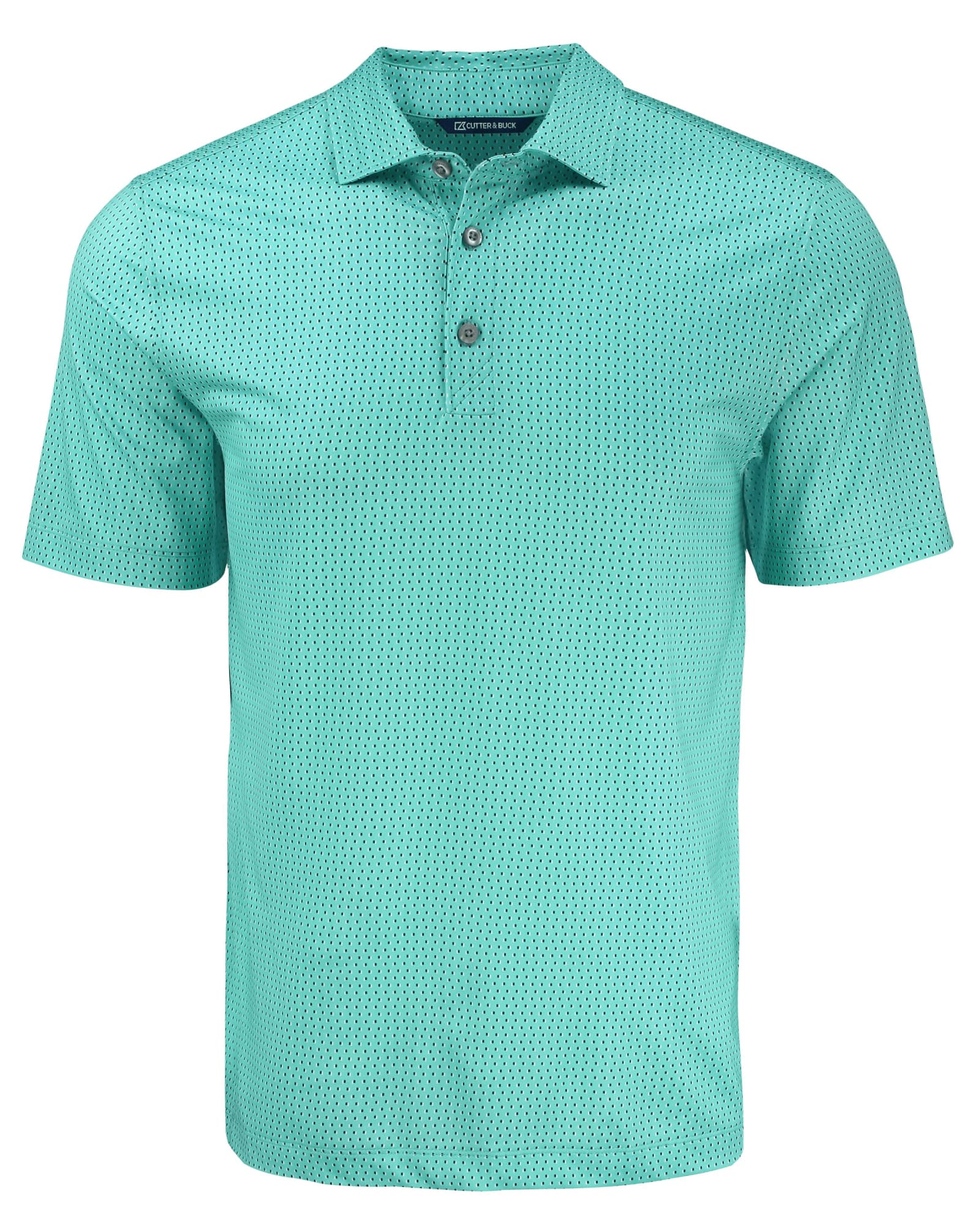 A men's polo shirt in a vibrant teal colour with a subtle check pattern and a branded logo.