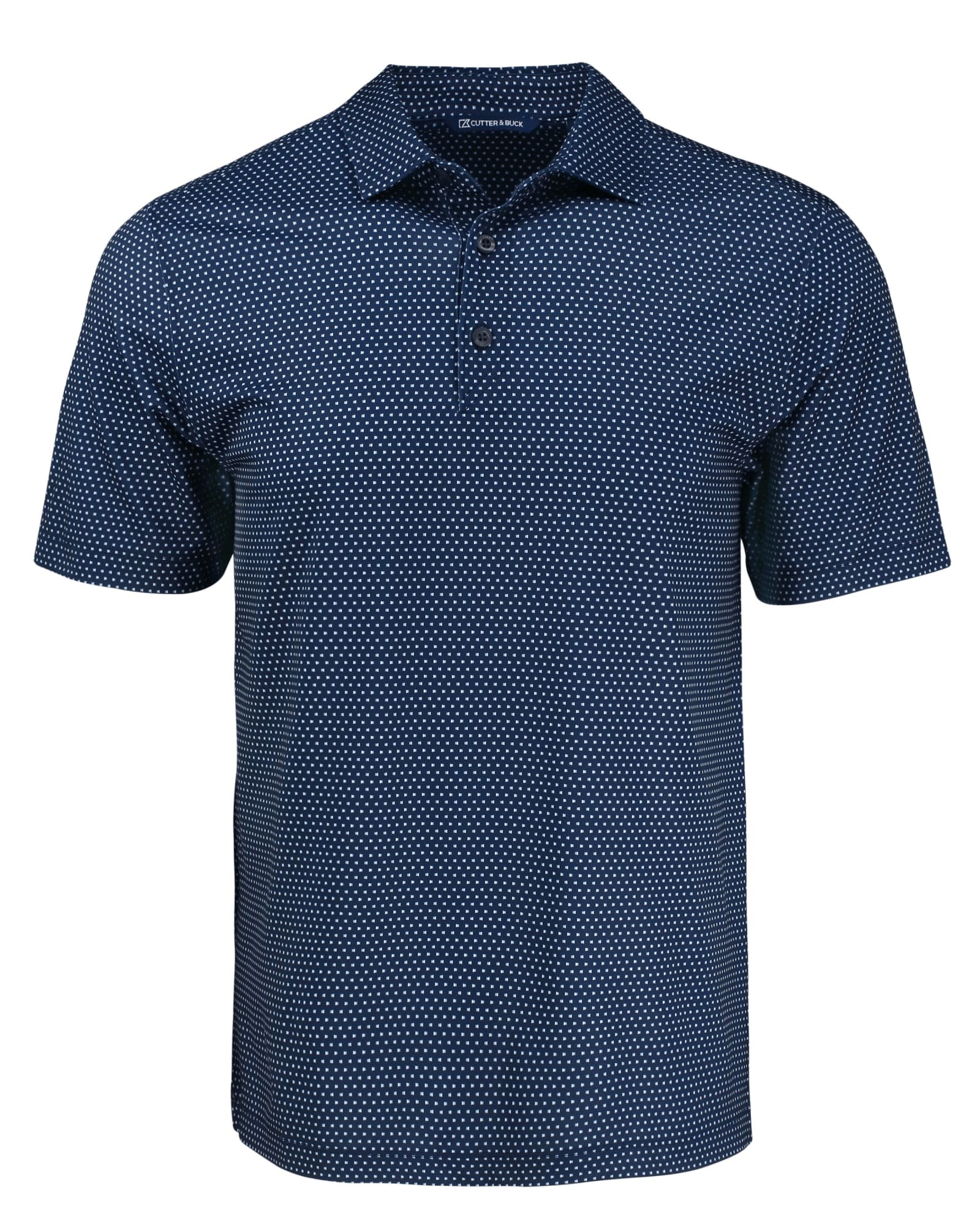 A navy blue polo shirt featuring a shadow check pattern and a collar, with a logo on the chest.