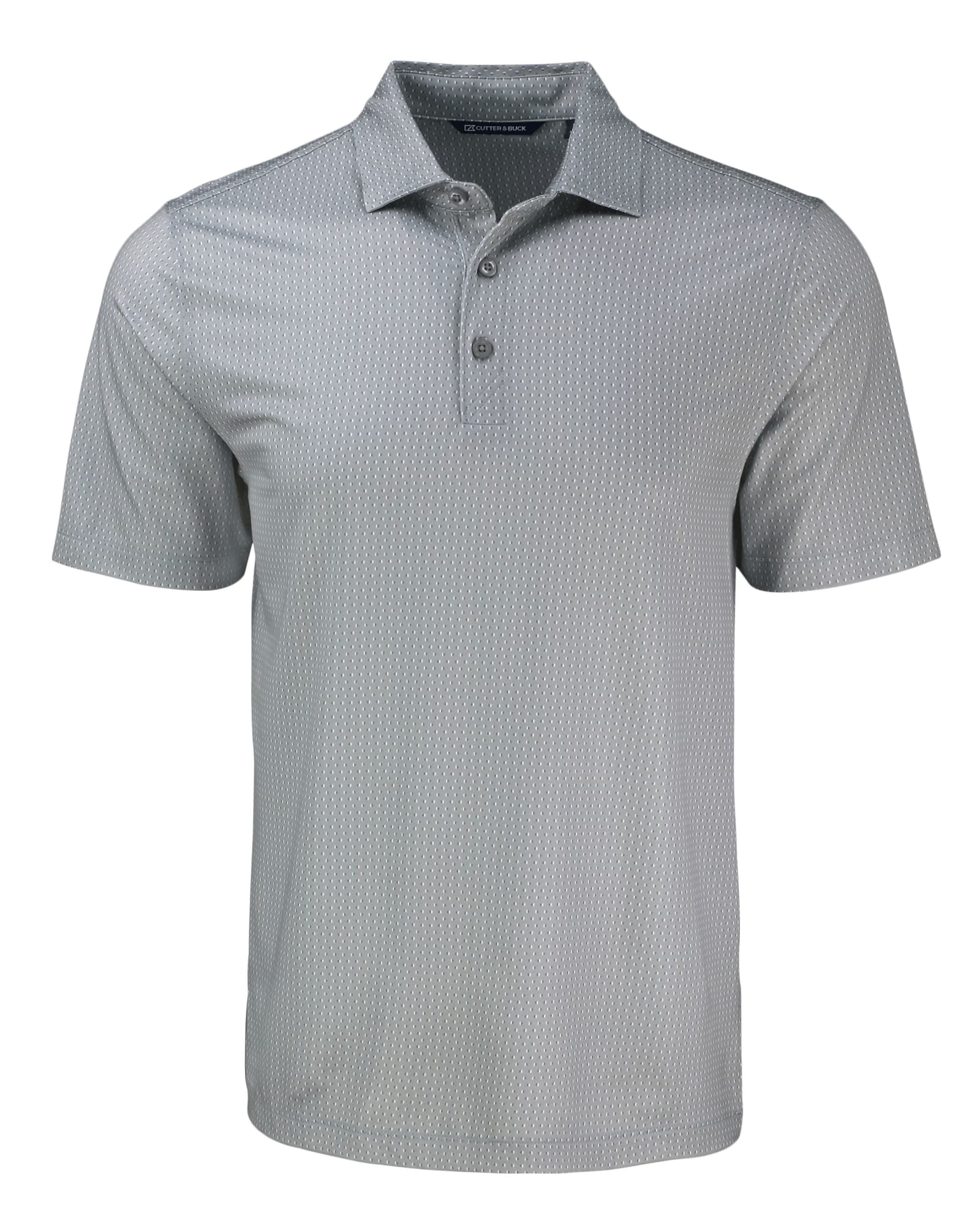 A grey patterned polo shirt with a collar, featuring a three-button placket and a branding logo.